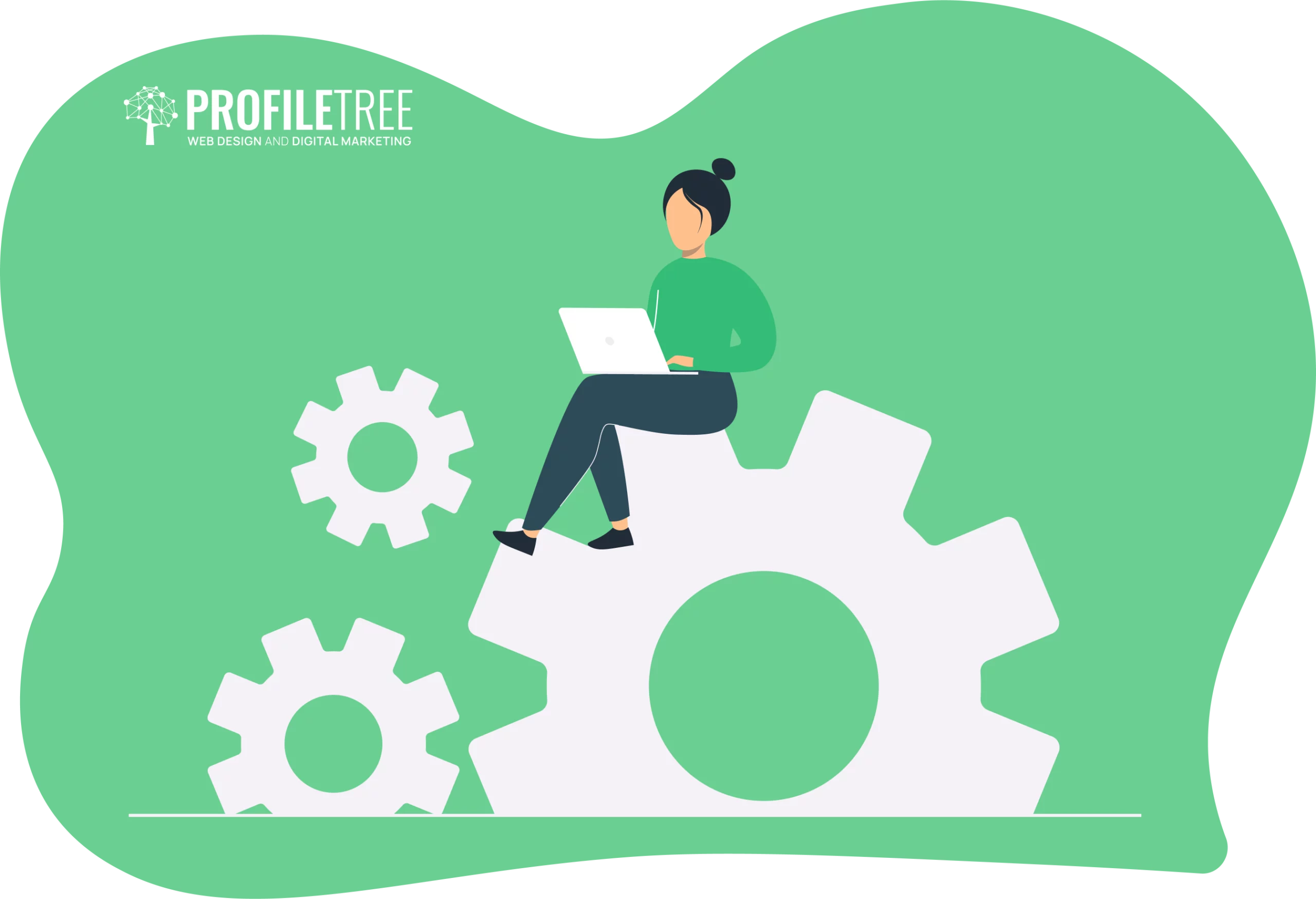In a green-hued setting adorned with the "Profile Tree" logo, a person works intently on their laptop while seated on a large gear. Nearby, smaller gears symbolize the interconnectedness of our globalised world, demanding cultural competency in every click.