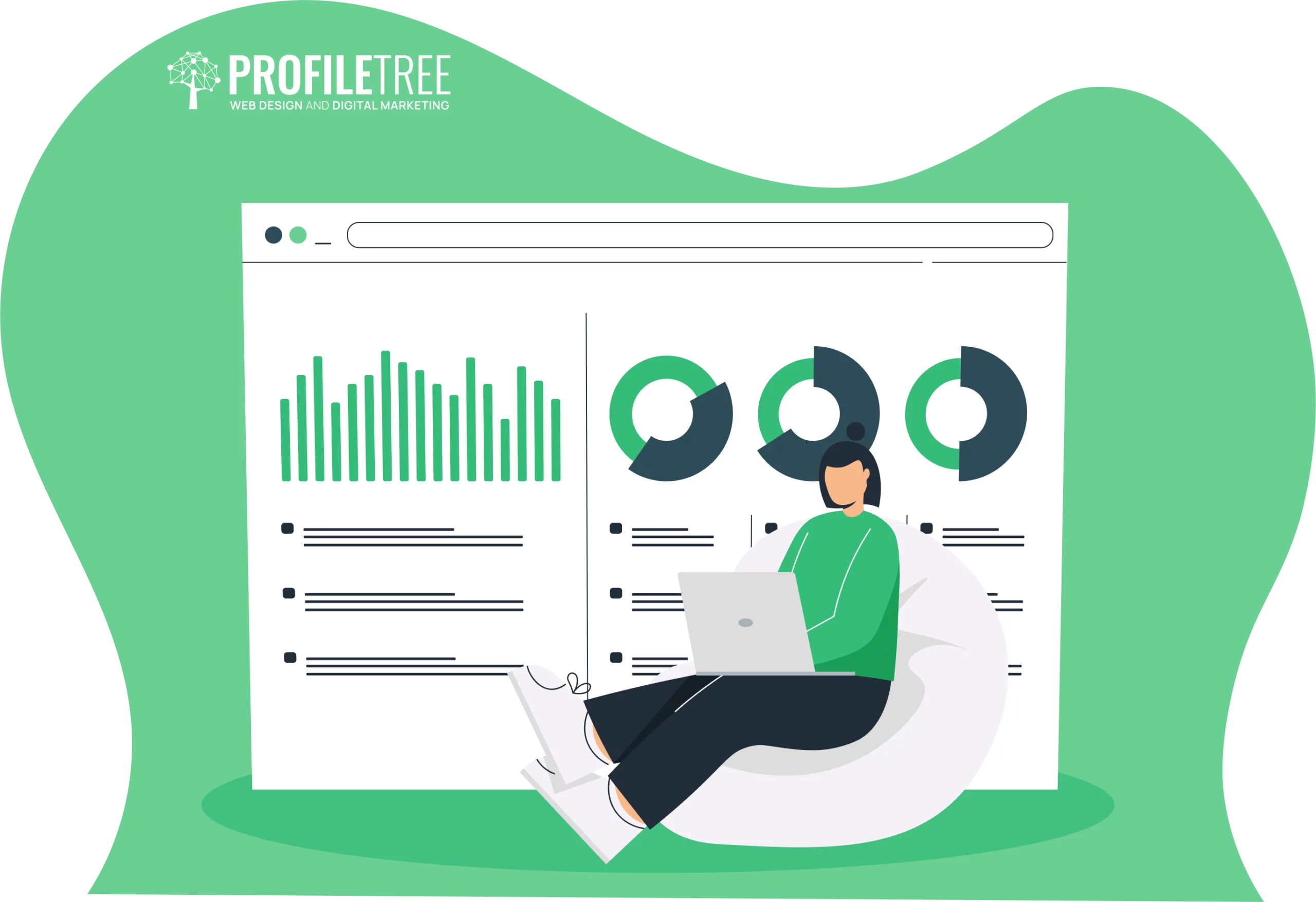 Illustration of a person from different generations sitting on a bean bag with a laptop, in front of a screen displaying graphs and charts. "Profile Tree" logo at the top left.