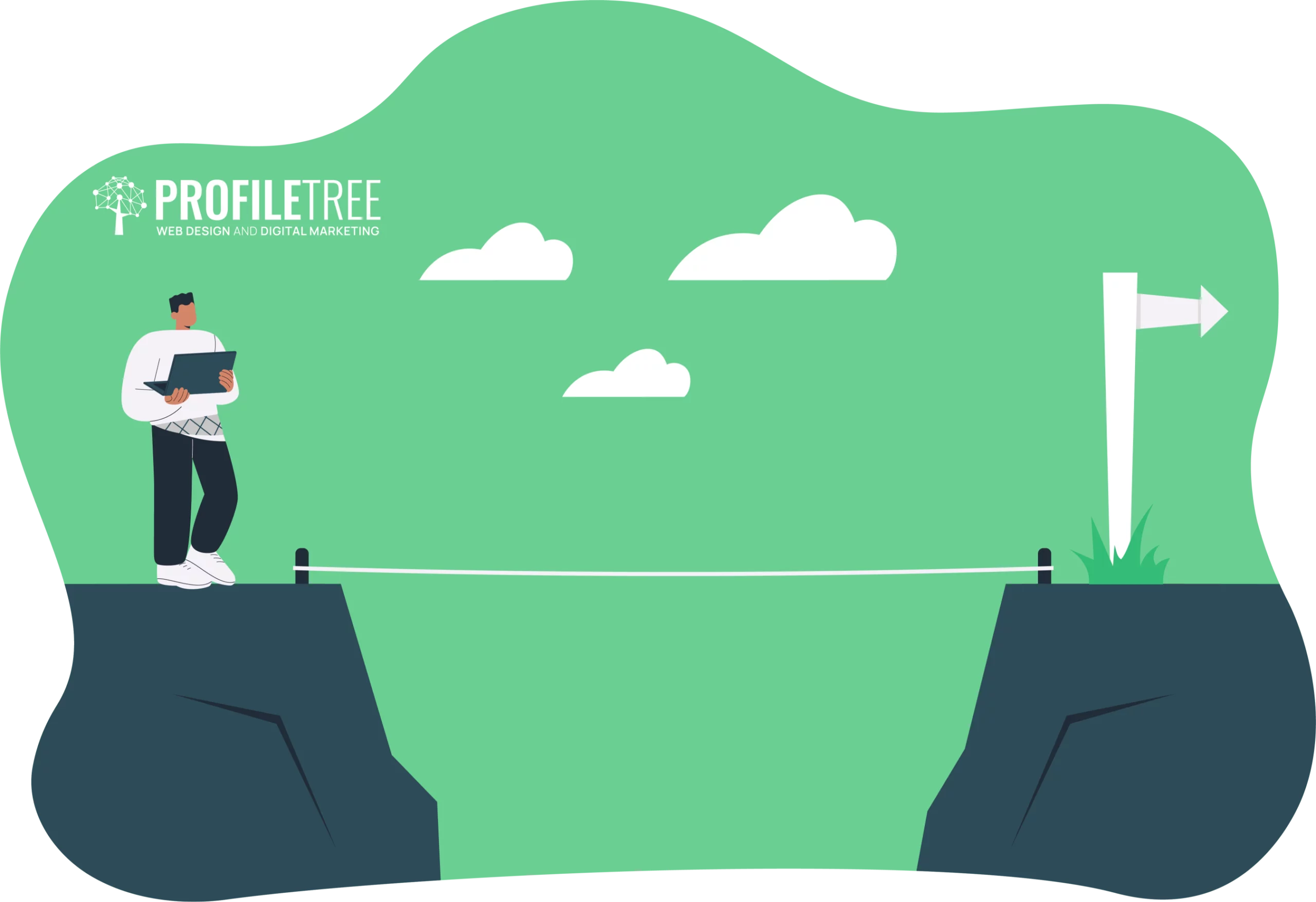 An illustration of a person standing at a cliff's edge holding a laptop, poised for career change, facing a gap with a distant arrow sign on the other side. The scene features a green background with clouds, symbolizing the smooth transition ahead.