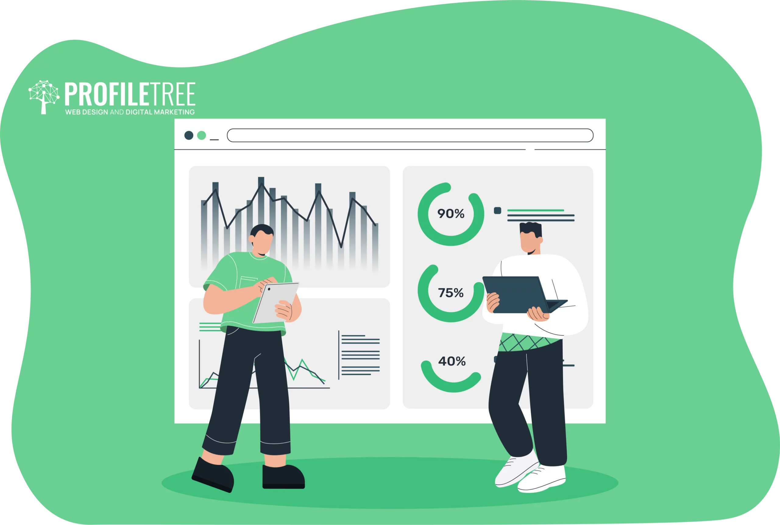 Two people stand in front of a large screen displaying graphs and percentage charts, one holding a clipboard and the other a tablet. They are conducting a Training Needs Analysis to identify gaps and optimize learning strategies.