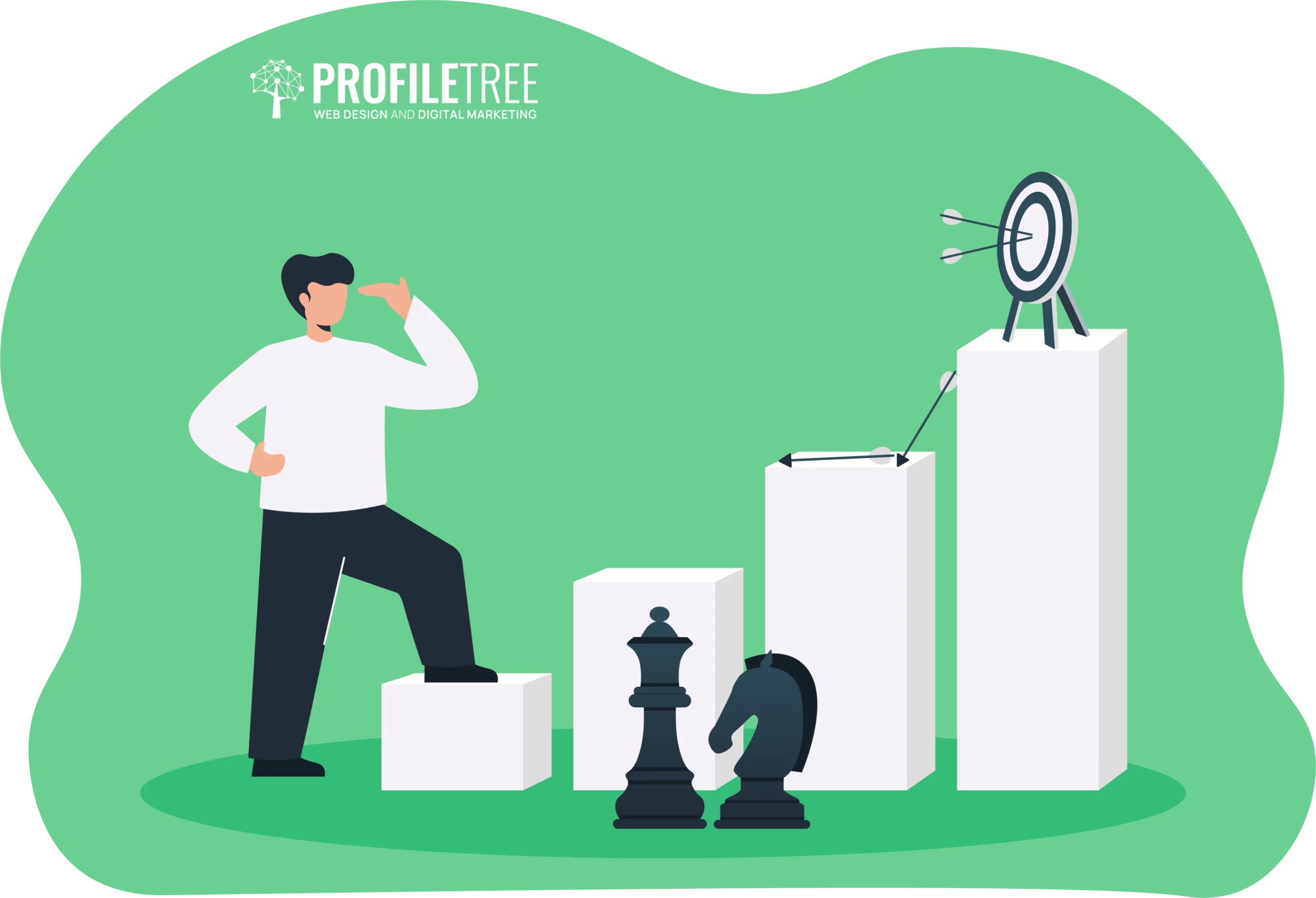 A person stands on a block holding a telescope, symbolizing strategic foresight and decision-making for leaders. Next to them are a target with arrows, a bar chart, and chess pieces. The green backdrop features "ProfileTree Web Design and Digital Marketing" text.