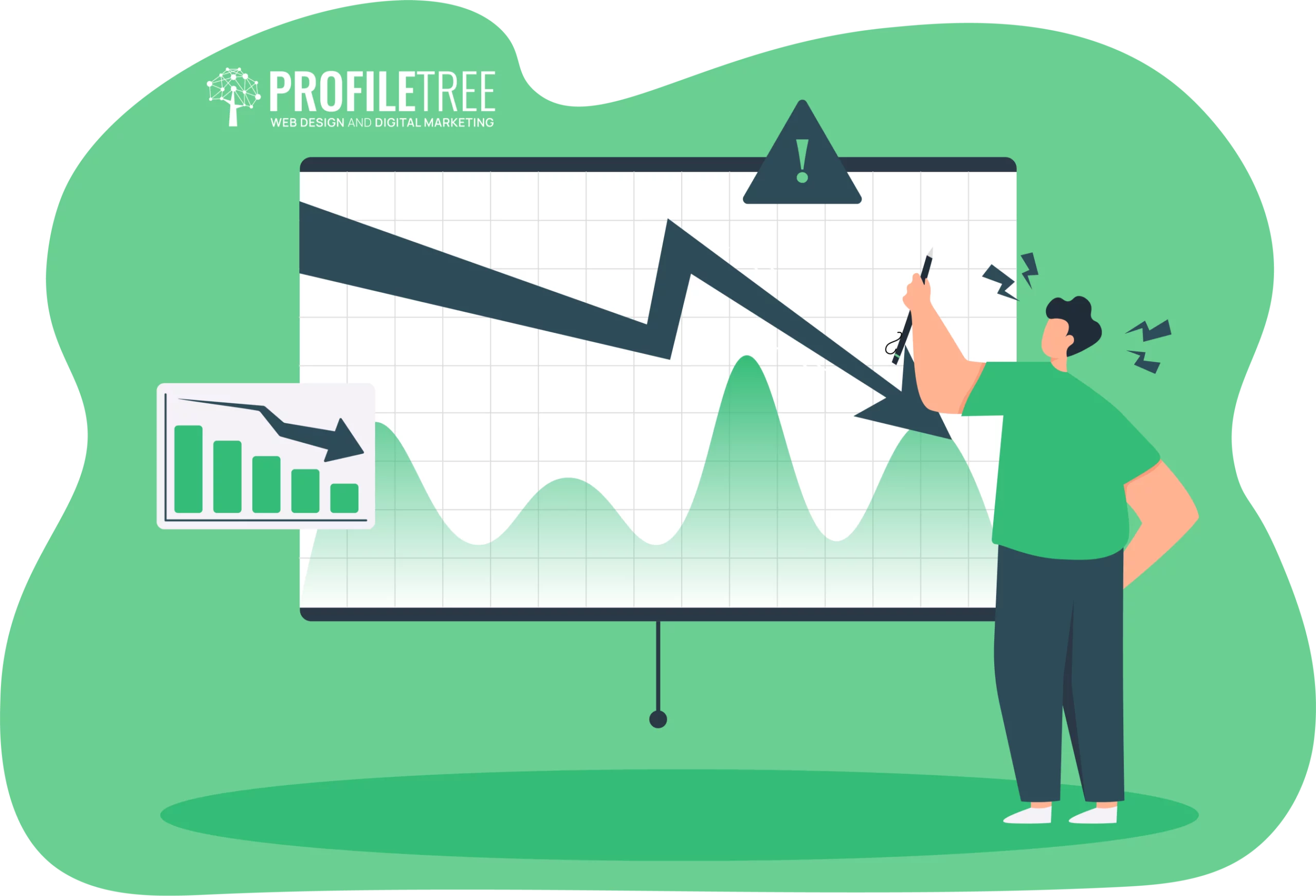 Illustration of a person pointing to a downward trend on a graph with a warning symbol, highlighting misleading statistics and indicating declining performance or metrics. Green-themed design.