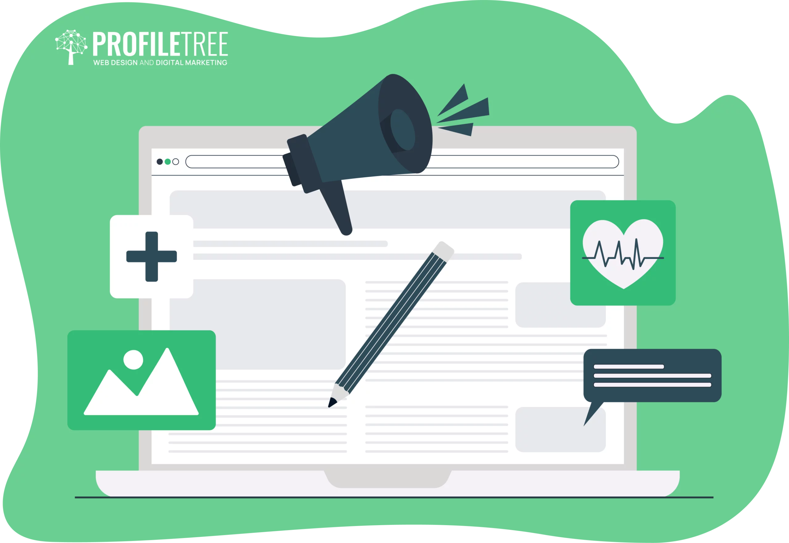 Illustration of a laptop screen displaying a pencil, surrounded by icons like a megaphone, heart monitor, photo, and chat bubble on a green background—perfectly capturing the essence of digital marketing for healthcare.