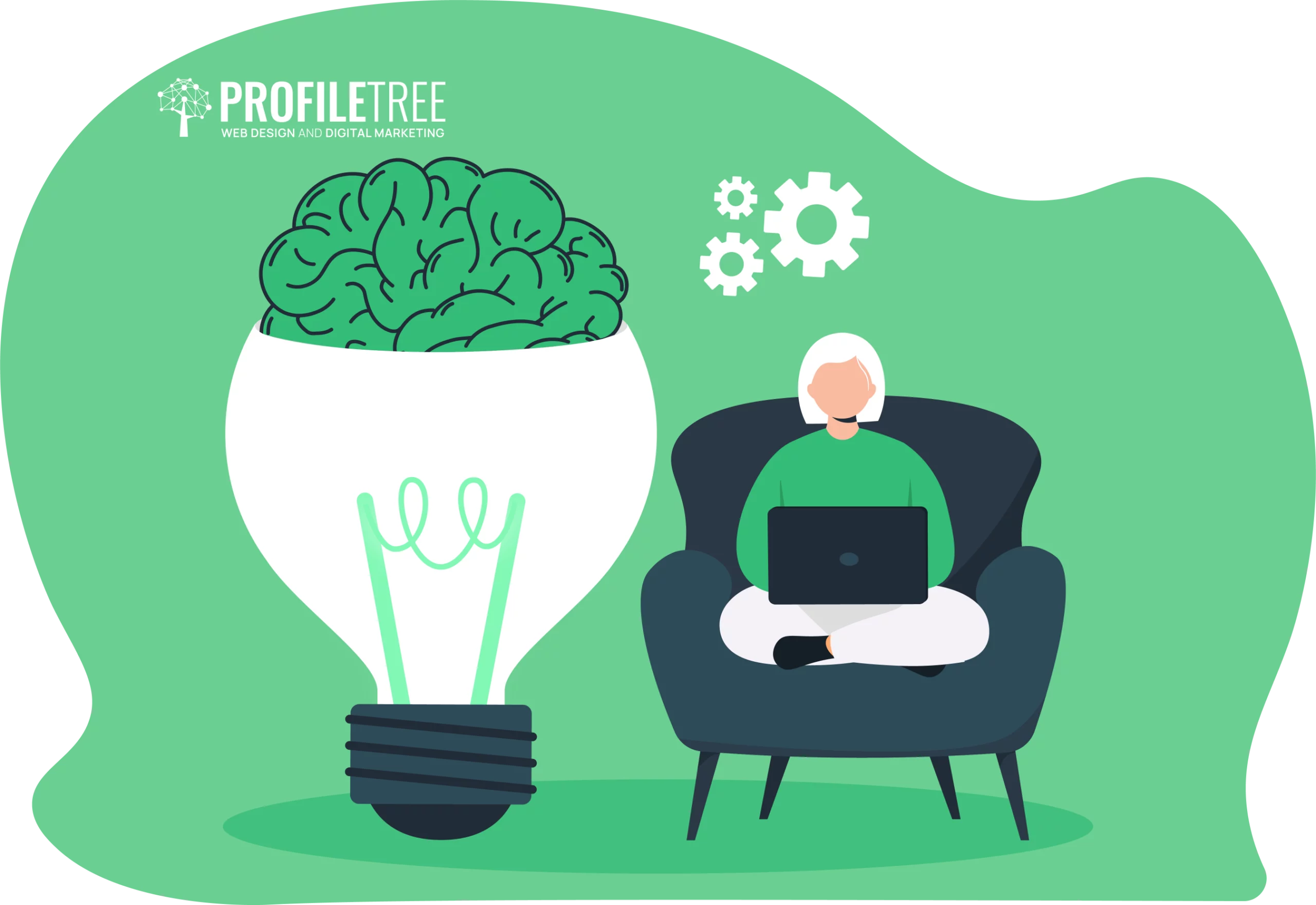 Illustration of a person sitting on a chair with a laptop, showcasing in-demand skills, next to a large lightbulb containing a brain and gears floating above.
