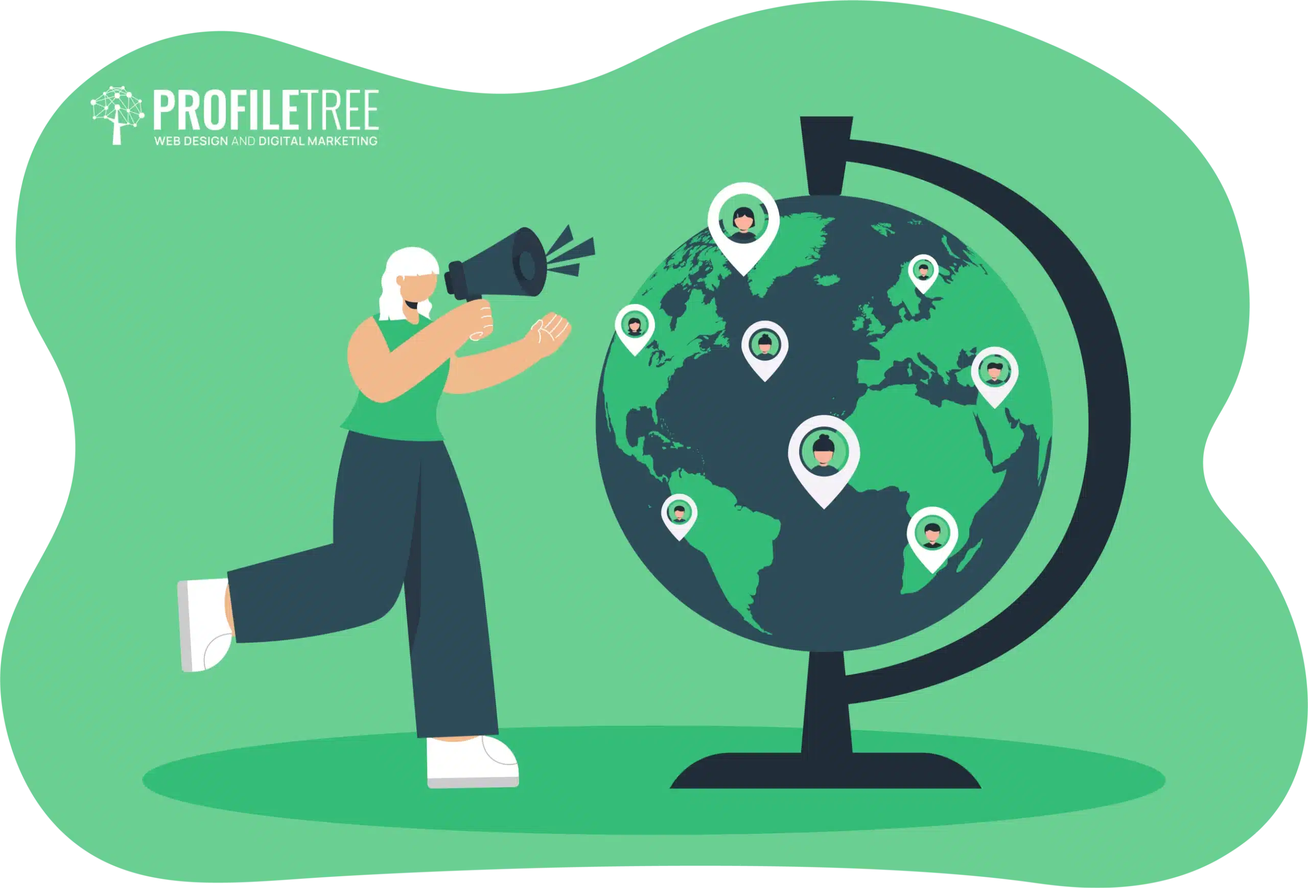 Illustration of a person with a megaphone standing next to a globe with location icons, highlighting cross-border marketing compliance.