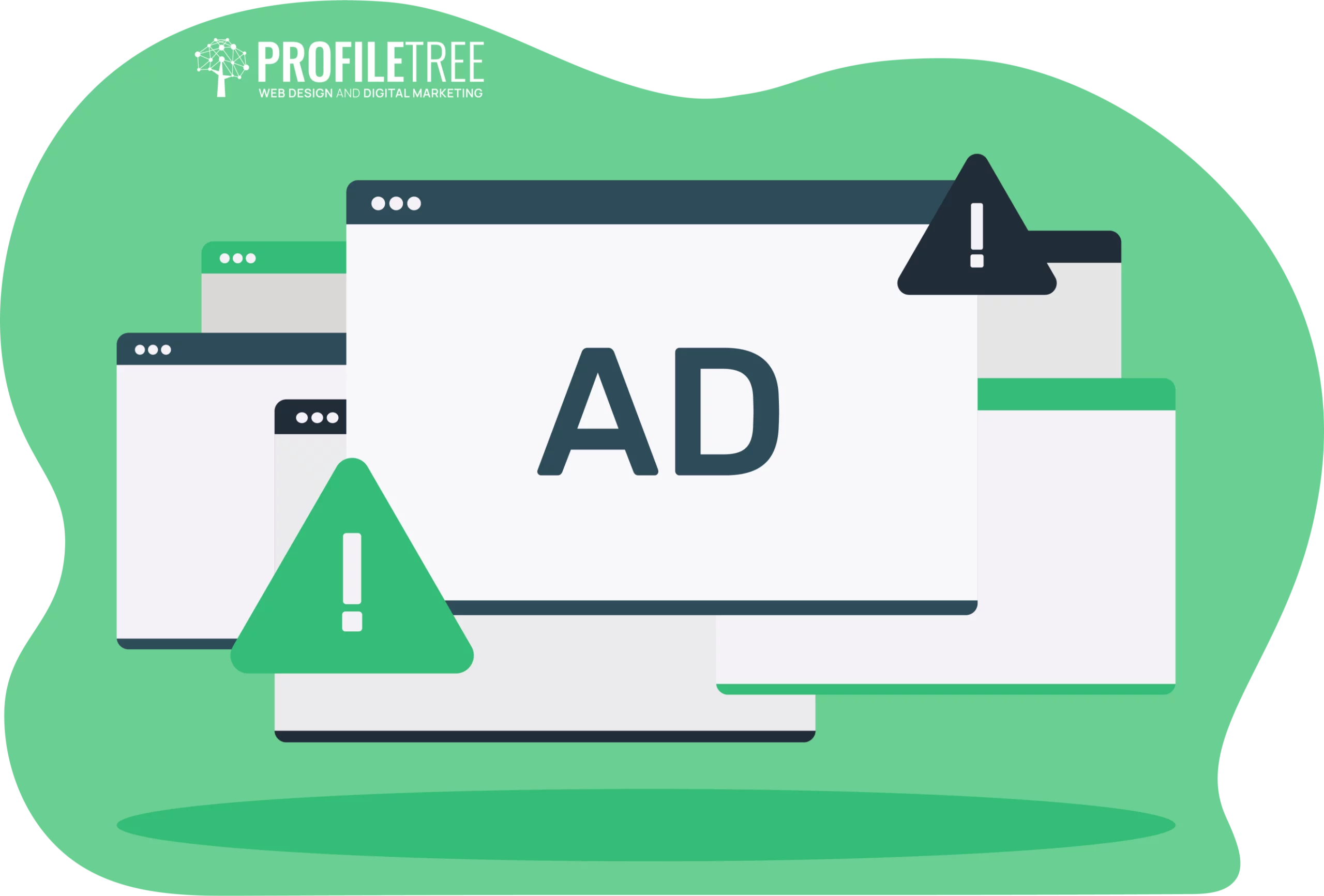 Illustration of overlapping web browser windows displaying "AD" text and exclamation marks on a green background, highlighting the legal implications of misleading advertising.