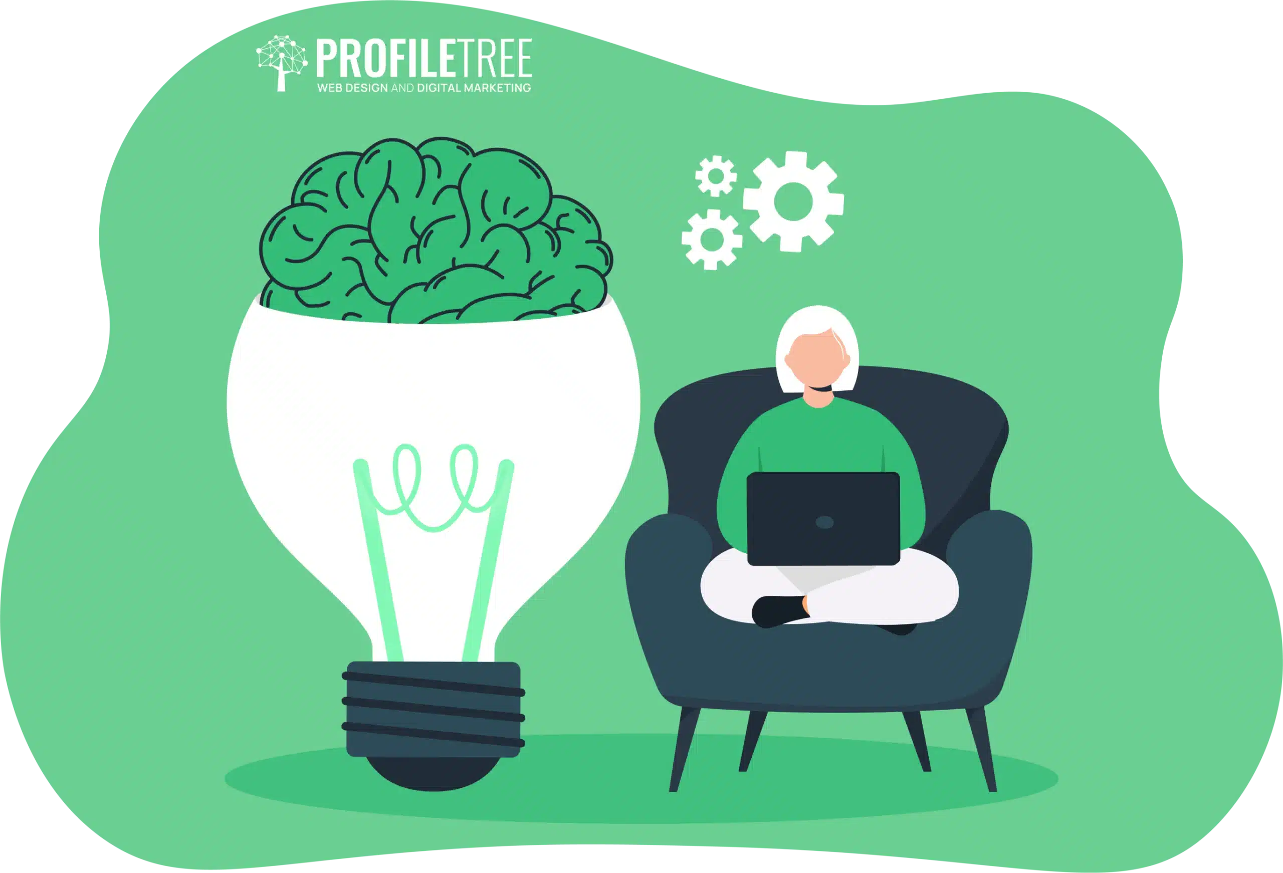 An illustration of an entrepreneur seated with a laptop beside a brain inside a lightbulb, symbolizing the train of innovative ideas.