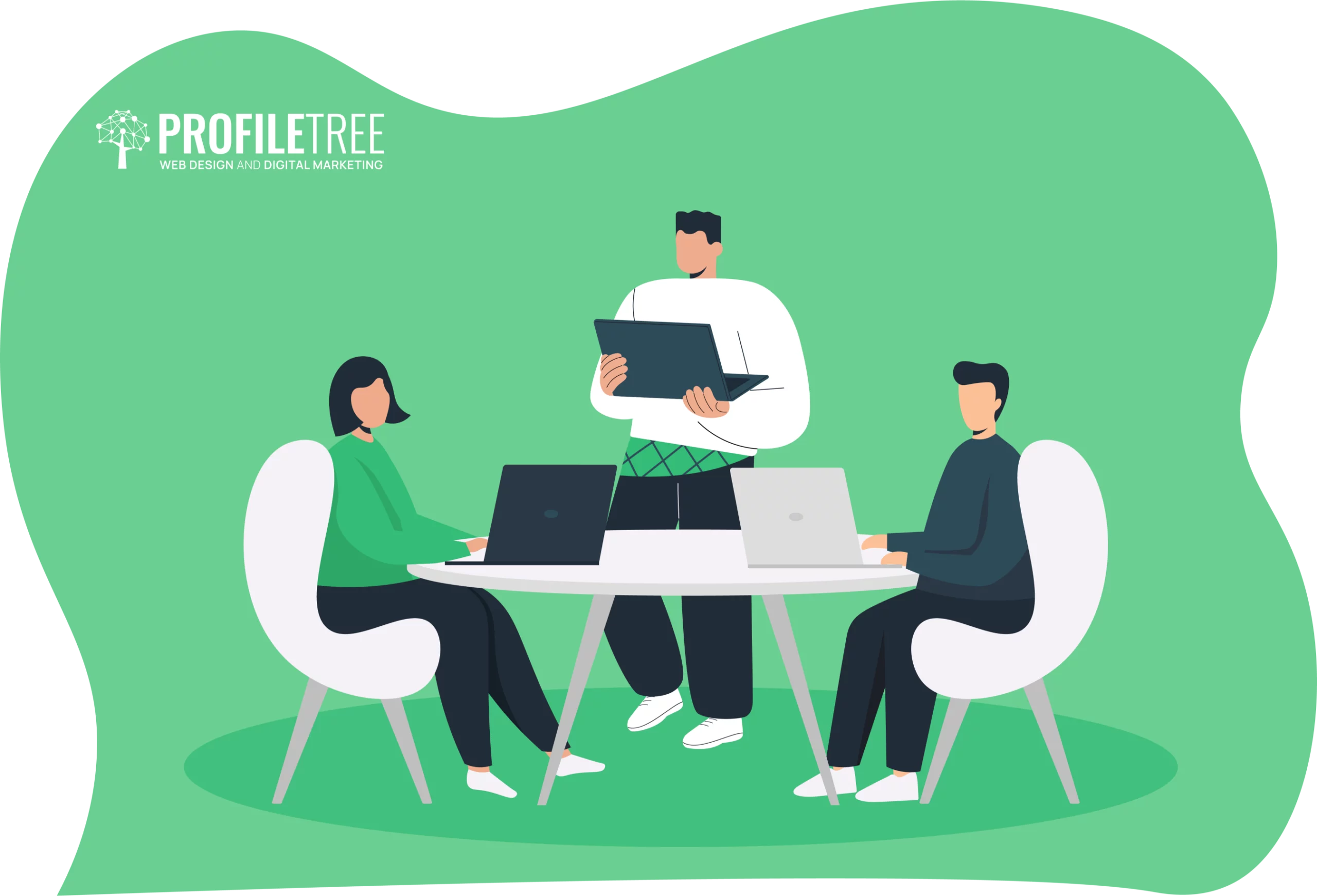In a modern office setting, three professionals focus intently: two are seated at a table with laptops, while one stands holding a large tablet. The green backdrop proudly displays the "Profile Tree" logo, subtly hinting at their expertise in navigating regulatory changes.