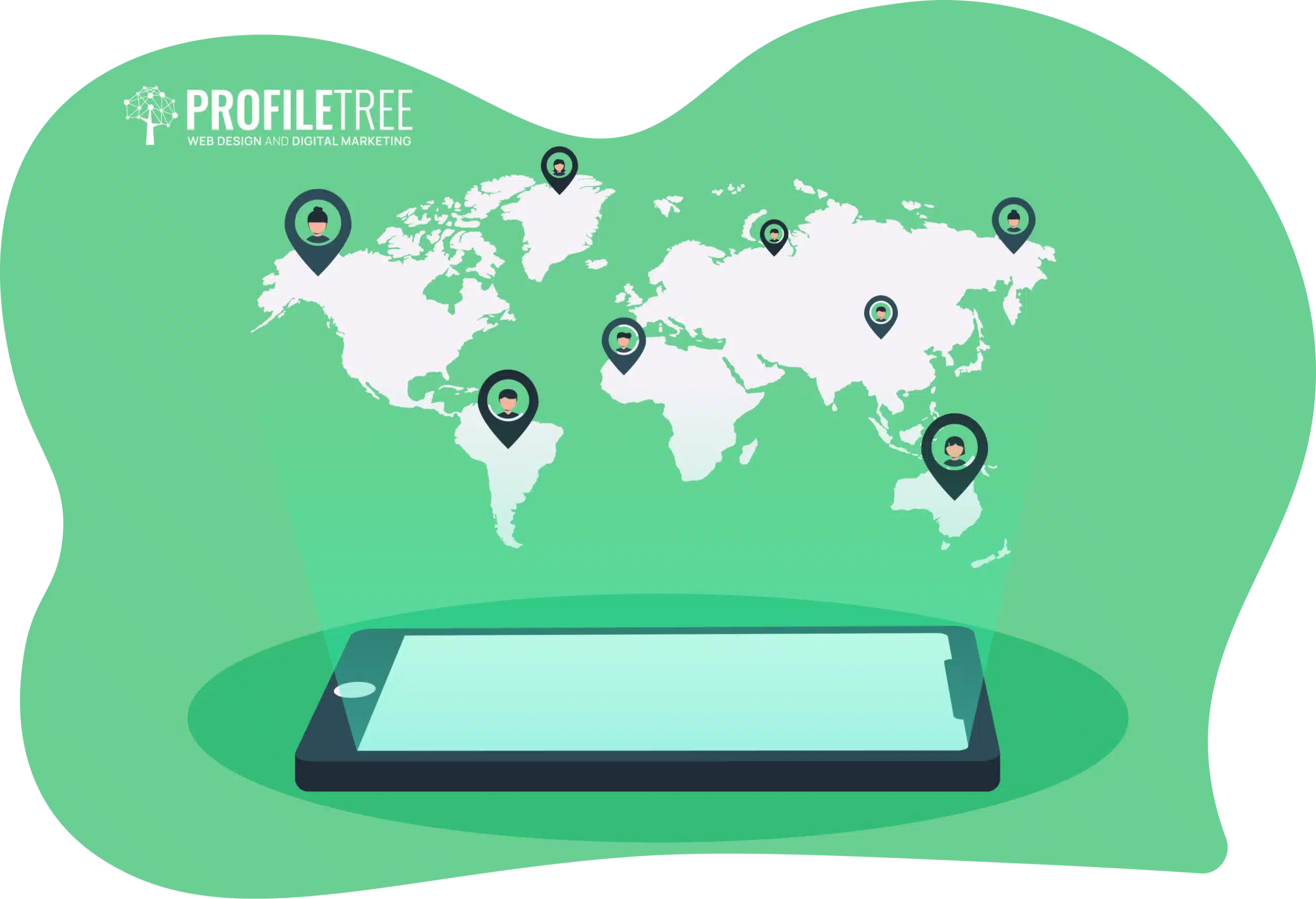 Illustration of a smartphone displaying a globalised world, with a map above it featuring location markers across continents, highlighting cultural competency in navigating diverse regions.