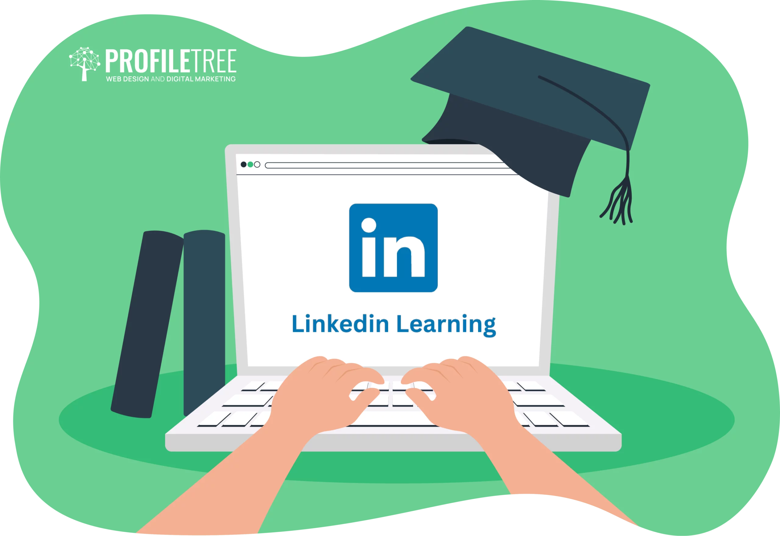 Illustration of hands typing on a laptop, prominently featuring the LinkedIn Learning logo, with a graduation cap and books nearby.