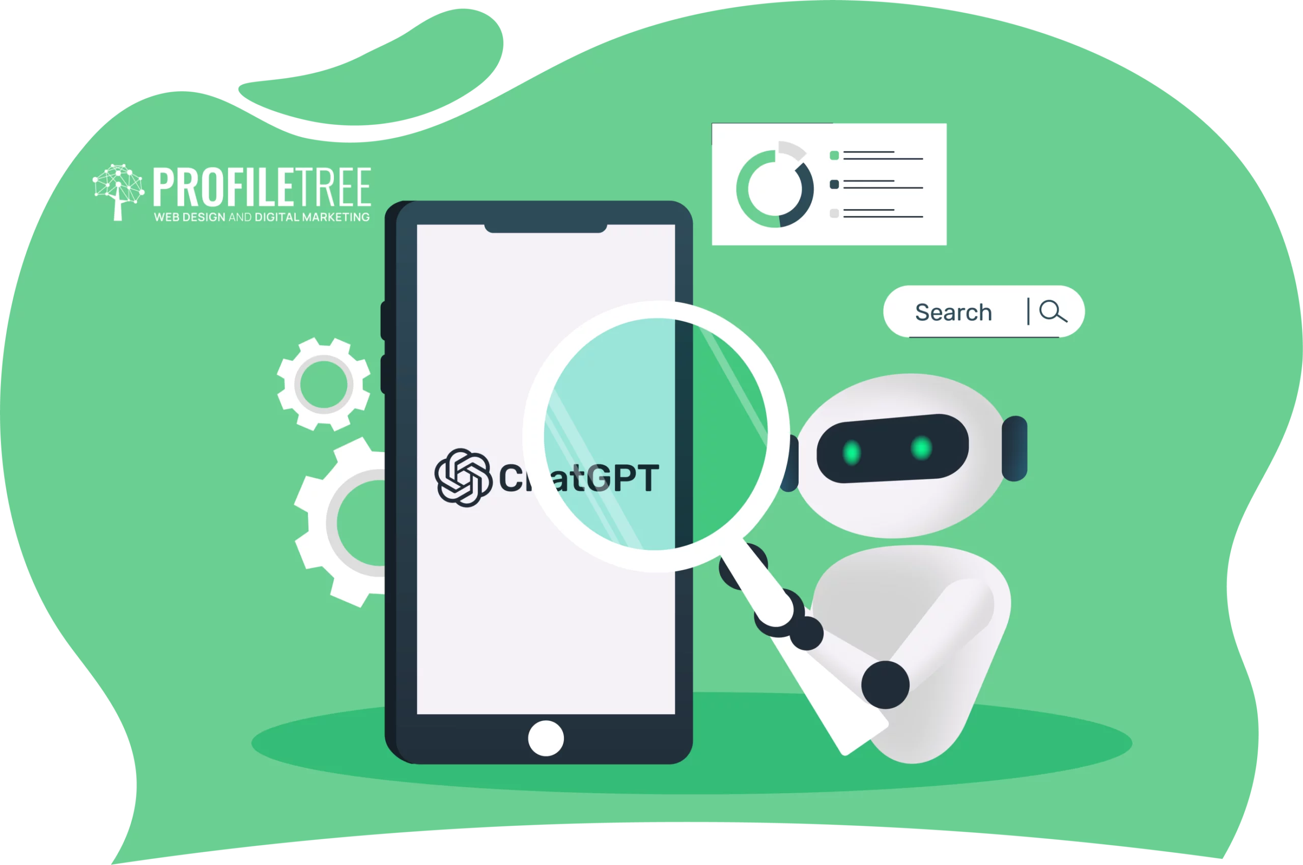Illustration of a robot examining a smartphone displaying "ChatGPT" with a magnifying glass. The background, featuring gears and analytics icons, suggests an AI-powered search as the core focus of this technological scene.