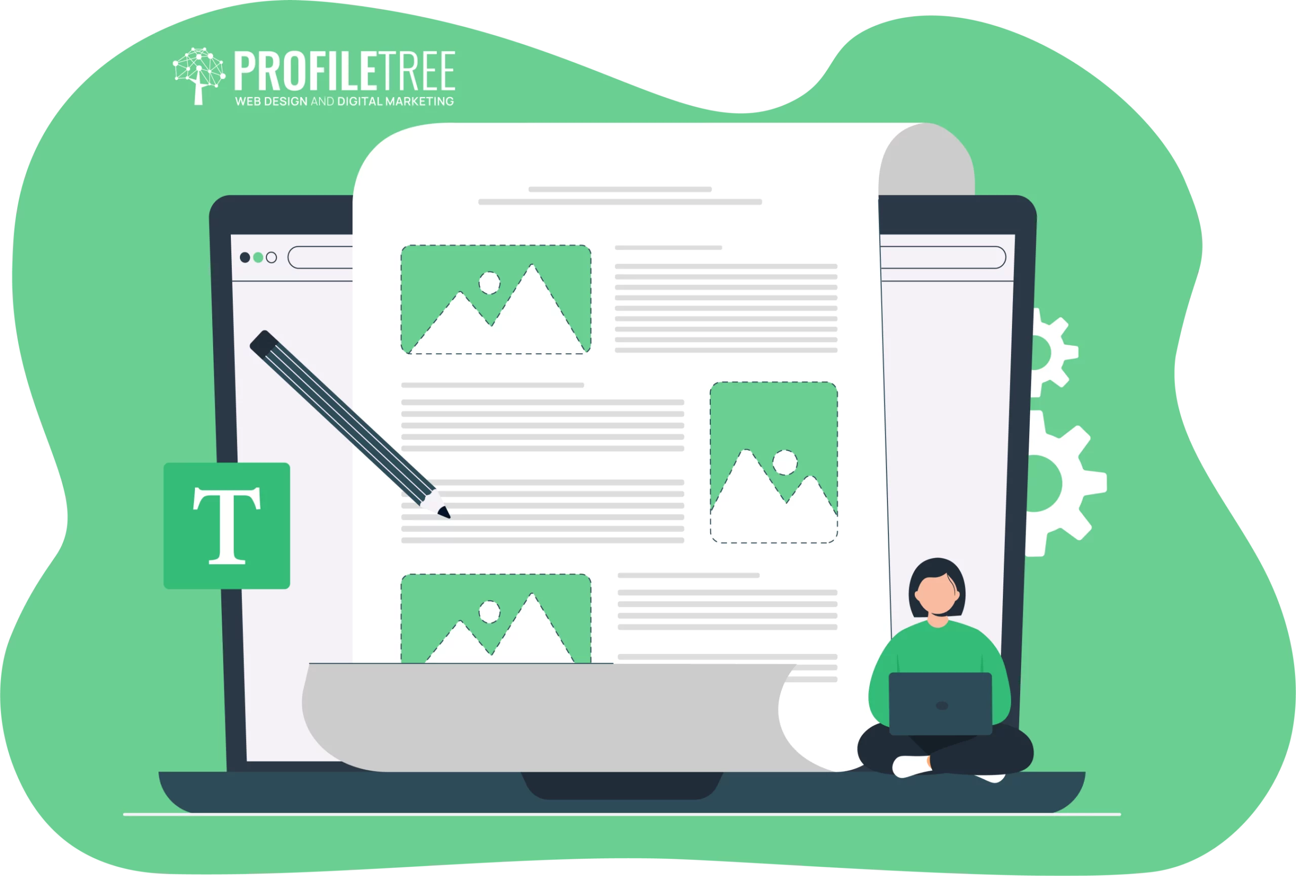 An illustration of a person with a laptop sits beside a large computer screen showcasing Blogger's features, complete with text and images. A pencil is displayed, and the "ProfileTree" logo appears at the top left.