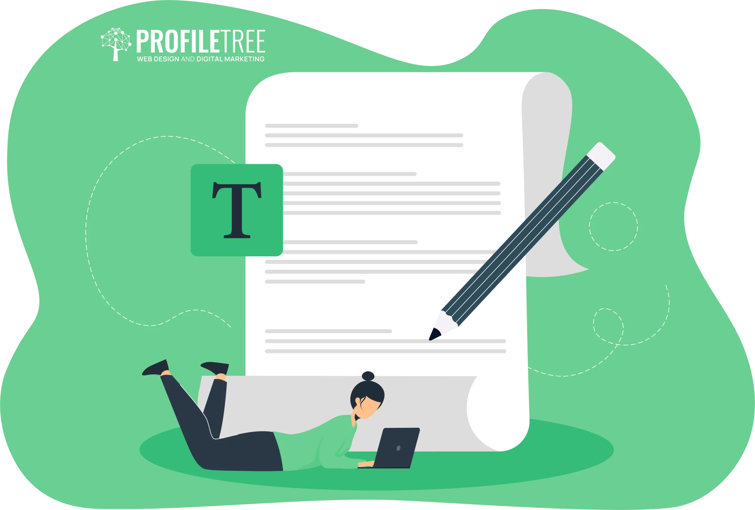 Illustration of a blogger lying down with a laptop, a large paper scroll with a pen, and a "T" icon. The background features green shapes and swirls alongside website header text, highlighting the creative essence of the blogging platform.