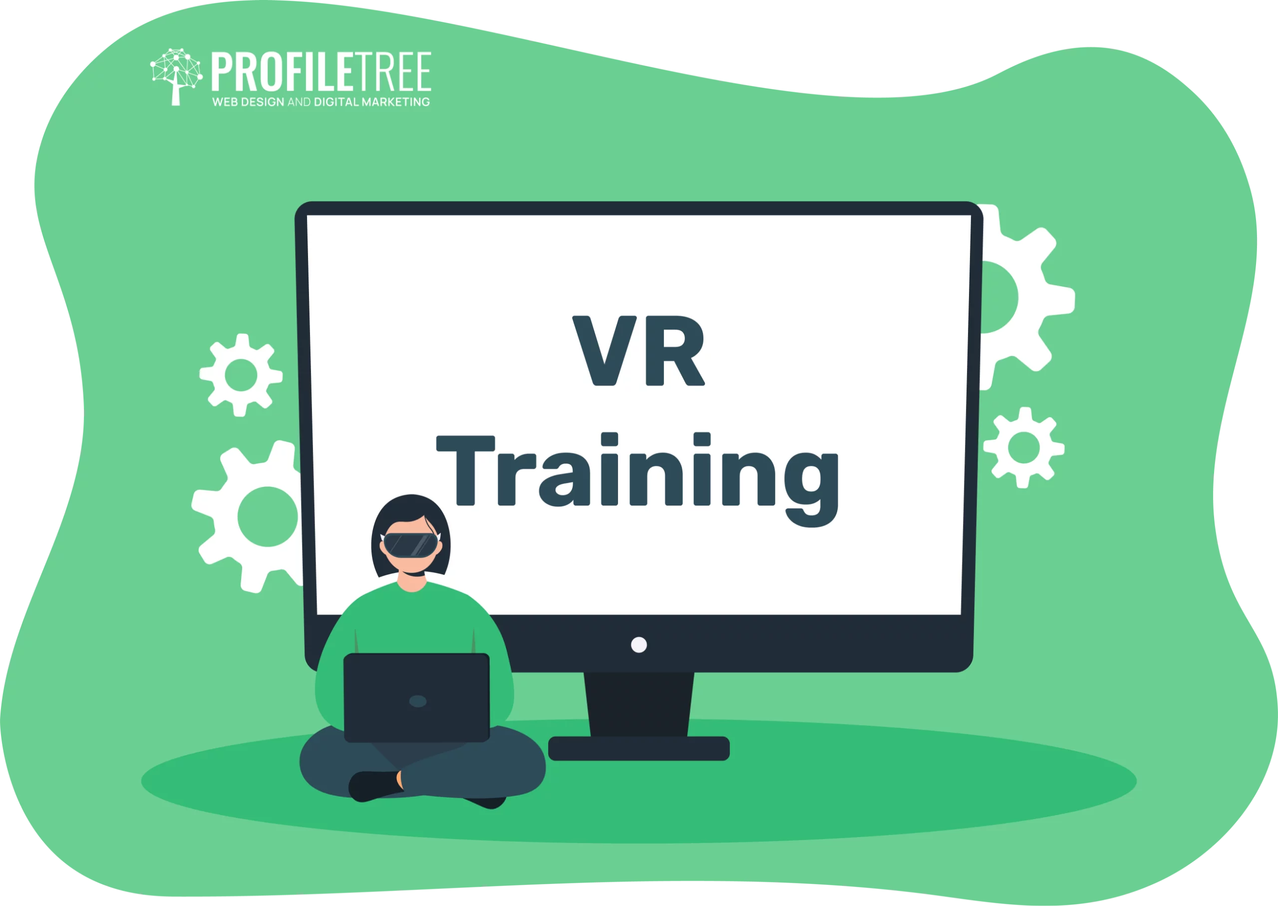 Illustration of a person sitting with a laptop and wearing VR goggles, immersed in virtual reality. A large screen displays "VR Training," while gears in the background signify advanced training experiences.