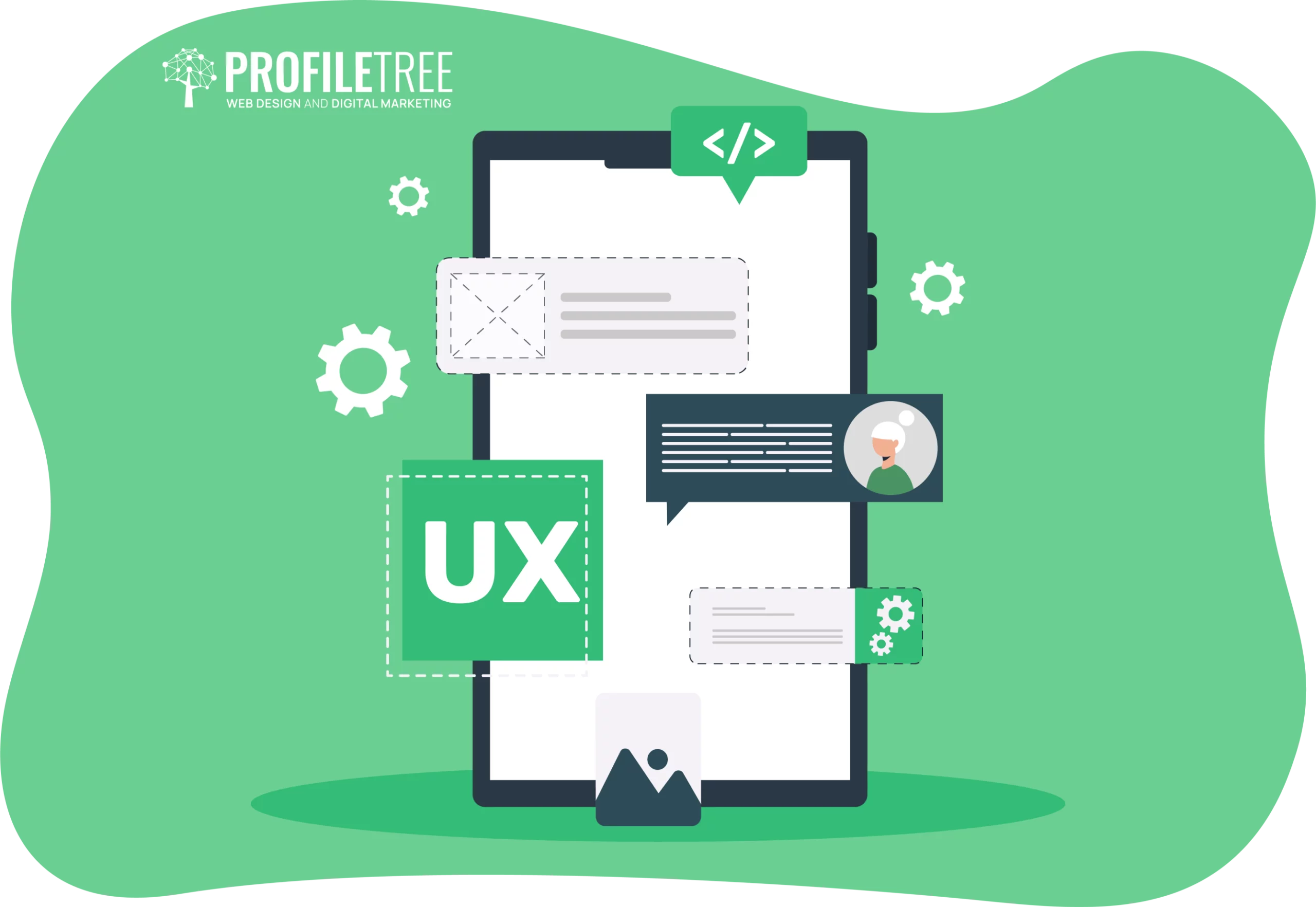 Illustration of a smartphone showcasing UX design elements, including designed forms, gears, and chat boxes, set against a green background. Text reads "Profiletree: Web Design and Digital Marketing.
