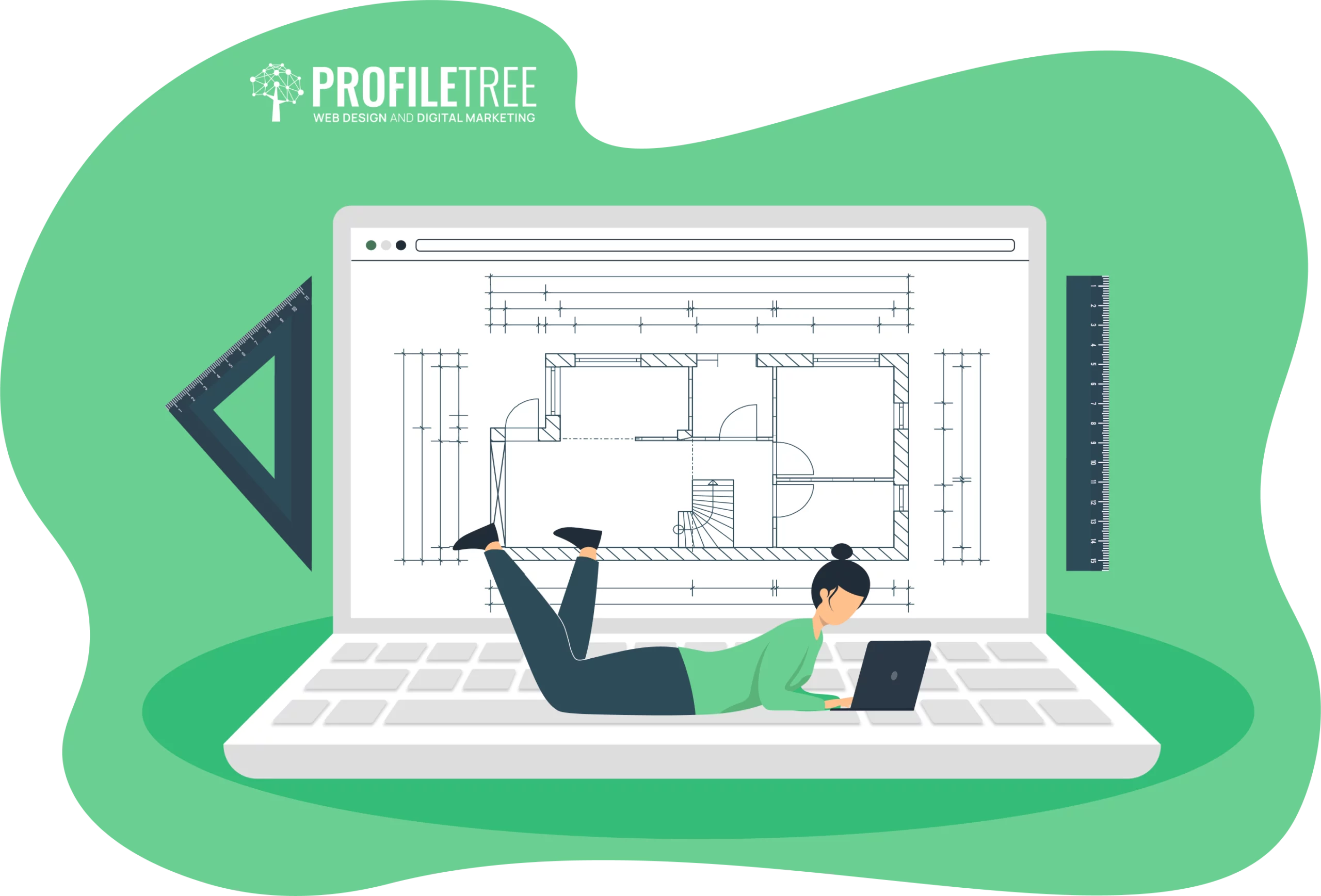 A person lies on an oversized laptop displaying architectural plans, engrossed in technical drawings on a smaller device. A ruler and set square are nestled in the background, evoking the rich history of technical drawing tools.