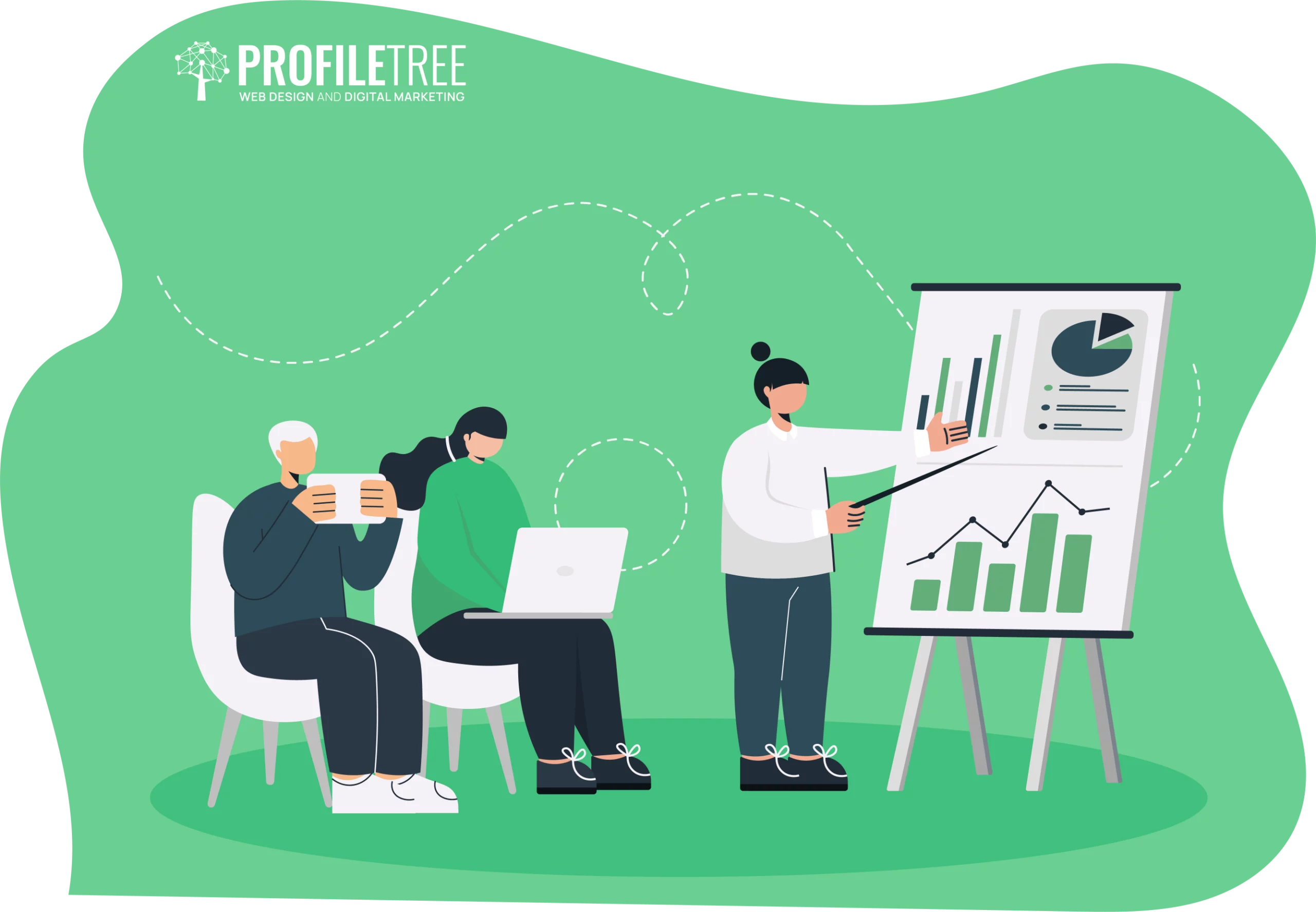 Illustration of three people: one reading documents, another on a laptop, and one presenting graphs on a board, embodying team collaboration. Background is green with a "ProfileTree" logo at the top left.