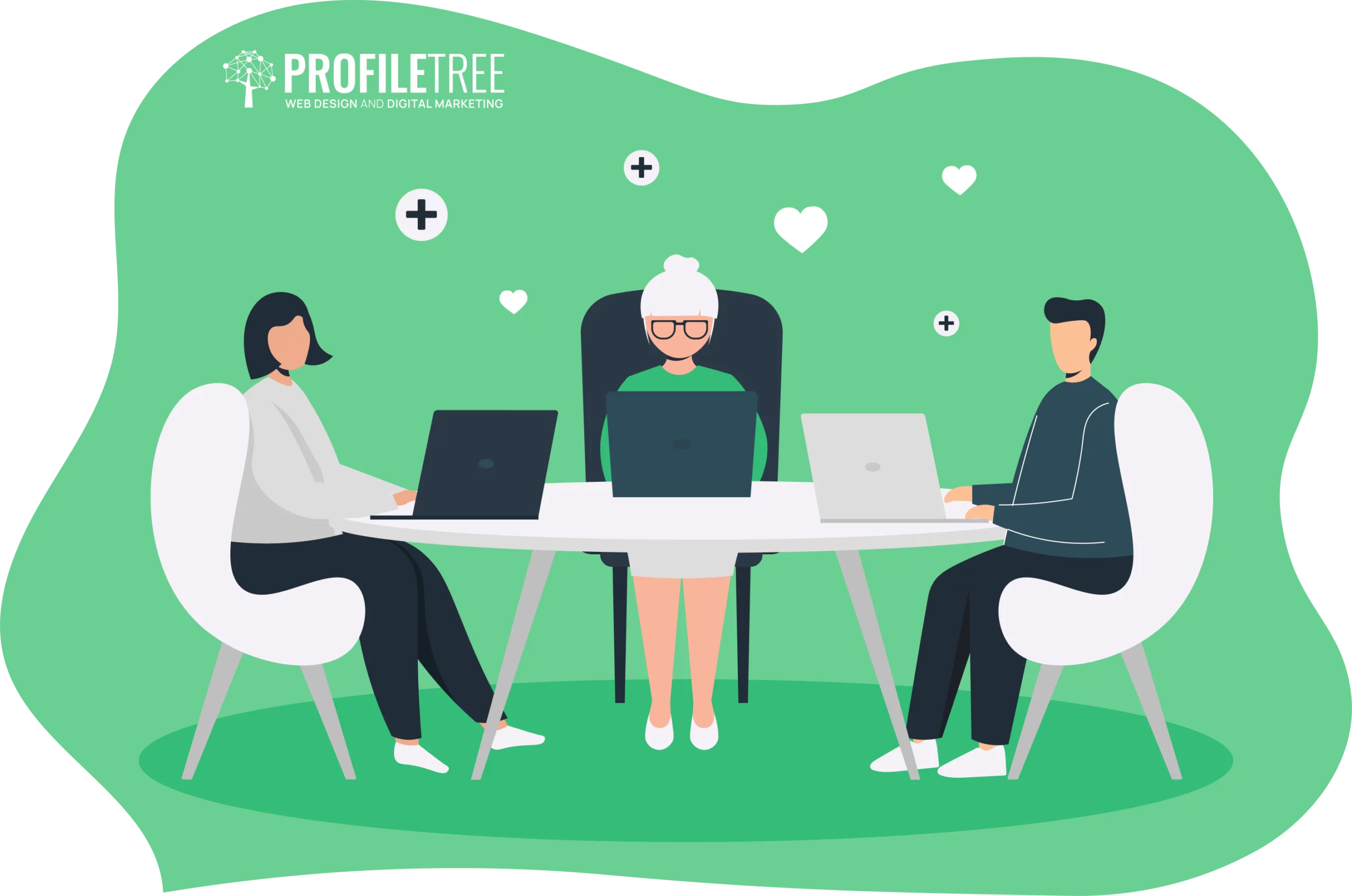 Three people sit at a table with laptops, embodying the collaborative spirit of nonprofit organizations. The background is green, adorned with hearts and plus signs, symbolizing their shared mission to make a positive impact.