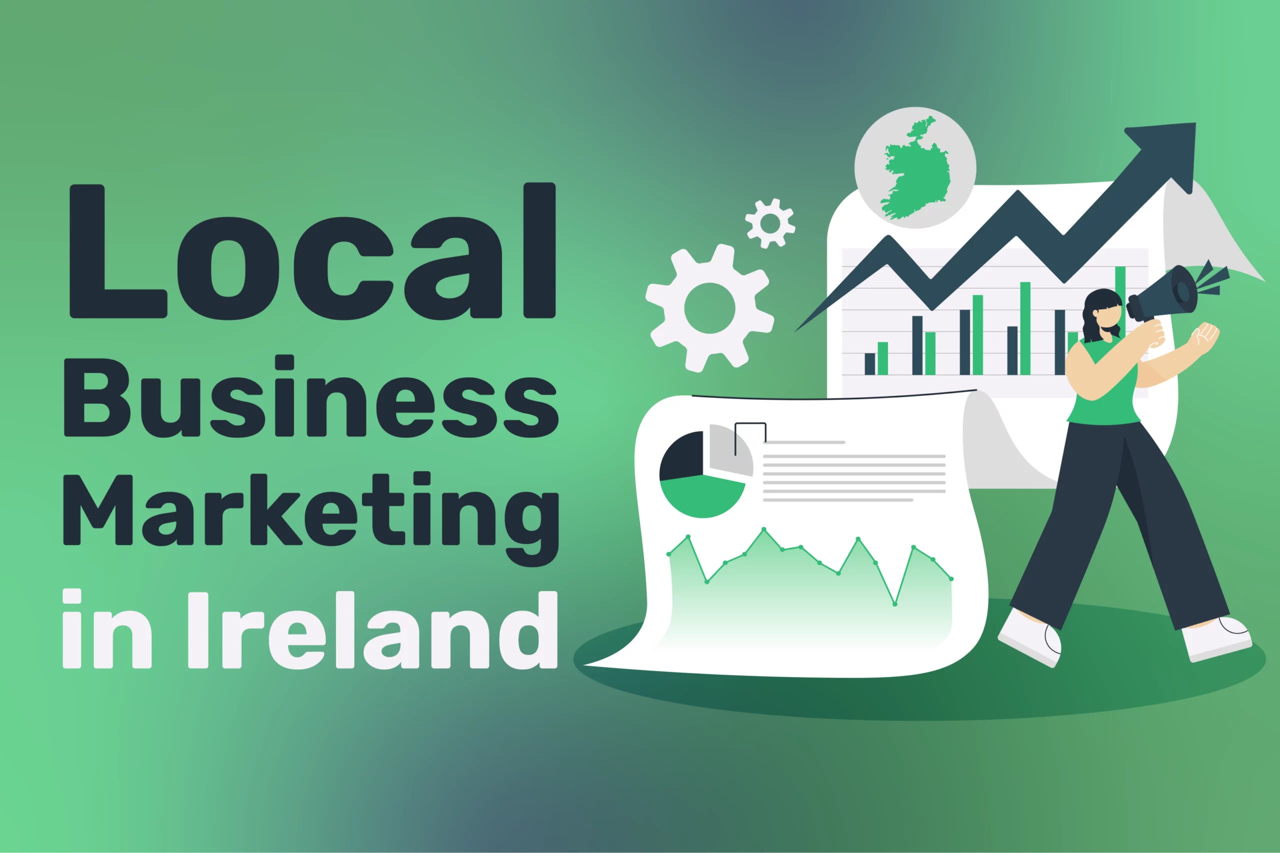 Illustration with text "Local Business Marketing in Ireland," showcasing Digital Branding Ireland. It features graphs, a person with a megaphone, and an Ireland map on a vibrant green background.