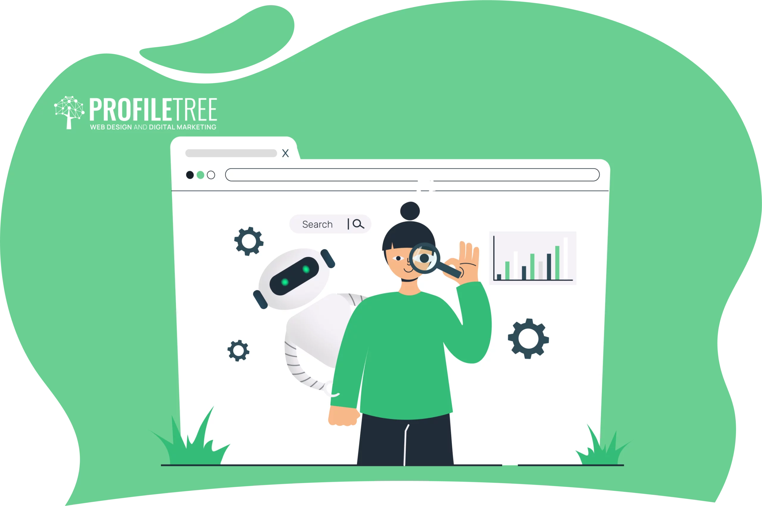 Illustration of a person with a magnifying glass next to a large browser window displaying AI-powered search, a robot, and a bar chart. Text: "ProfileTree Web Design and Digital Marketing.