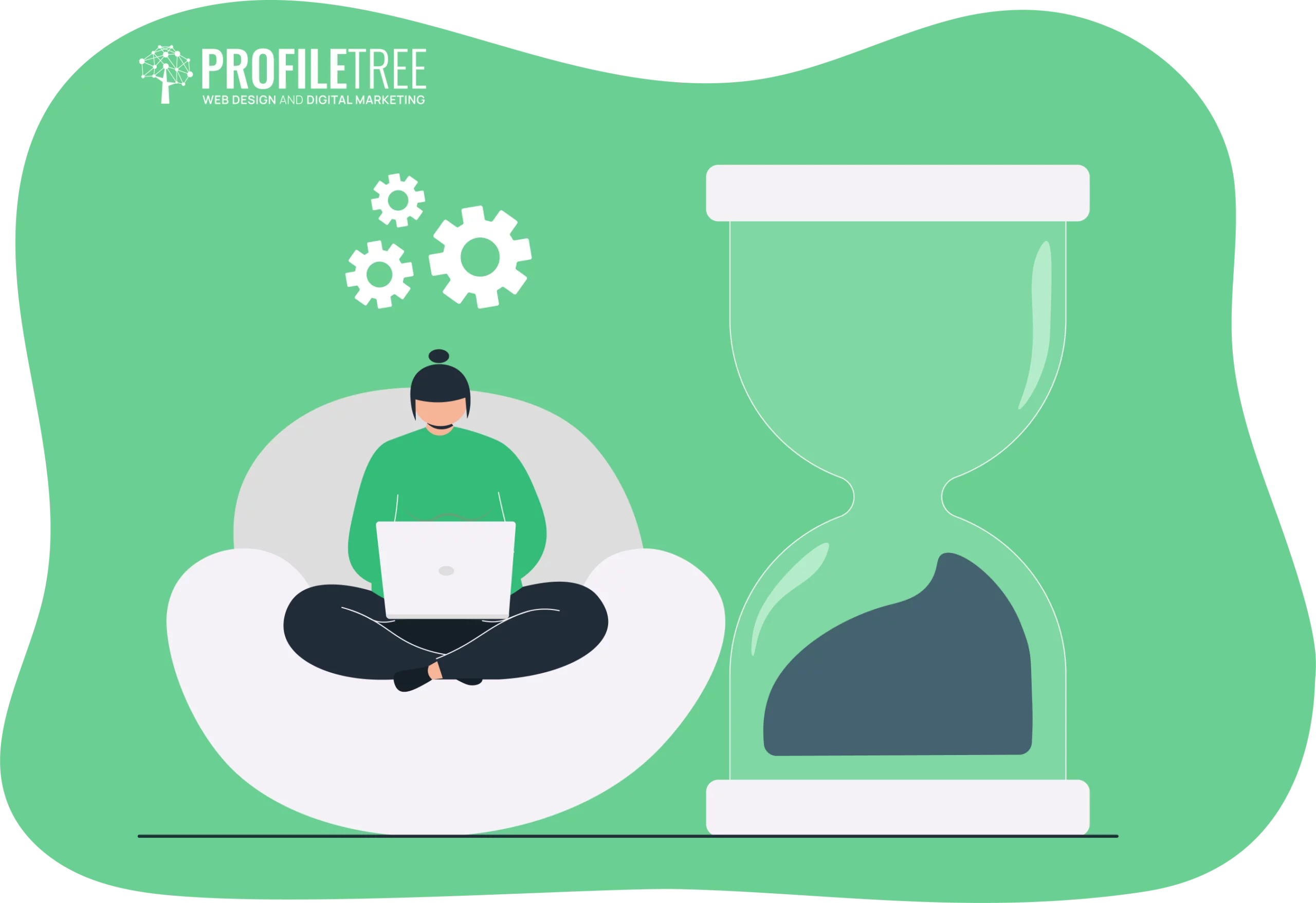A person with experience in a new field sits on a bean bag, laptop in hand, gears turning above and an hourglass beside, under the text "ProfileTree Web Design and Digital Marketing.