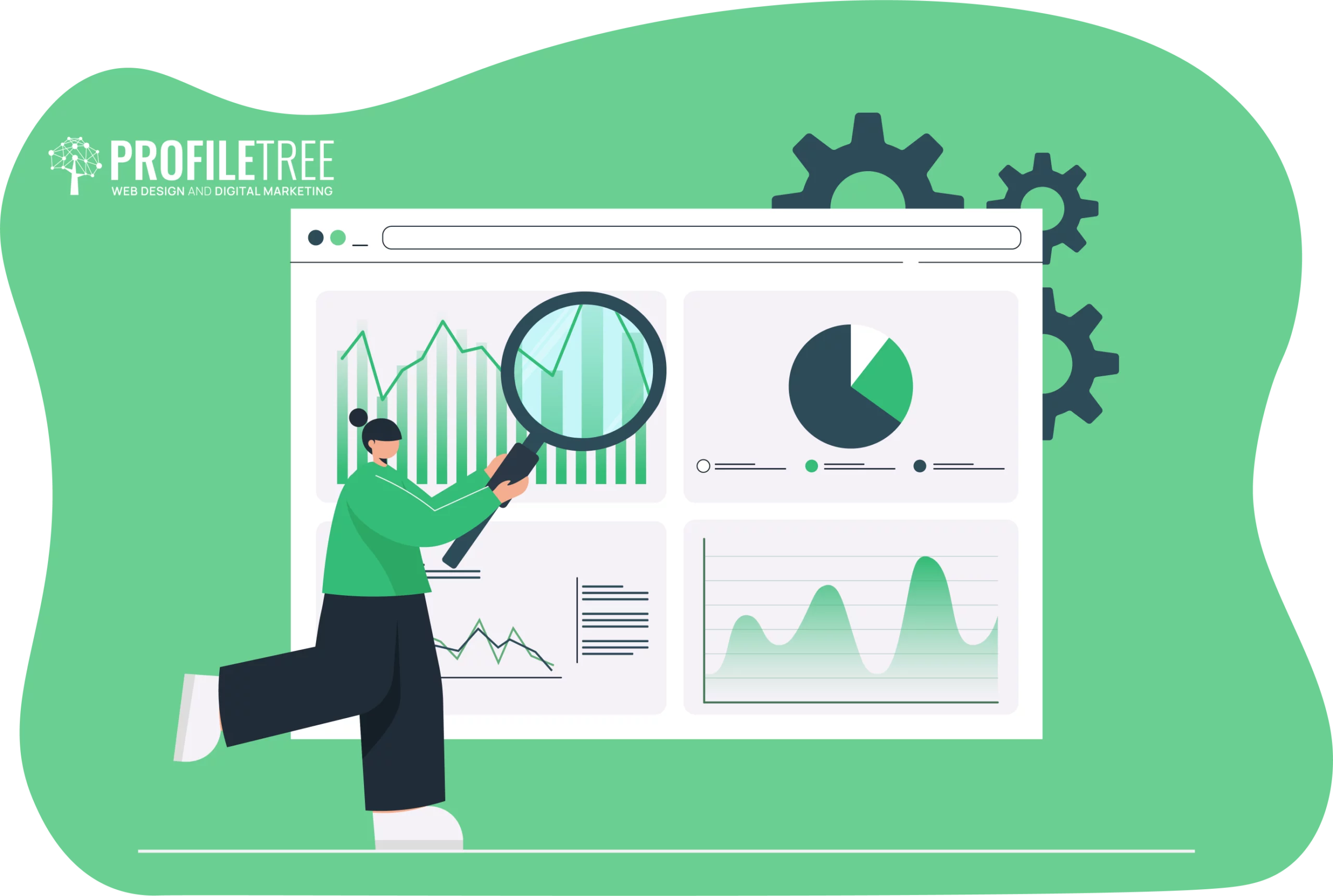 Illustration of a person with a magnifying glass conducting a Training Needs Analysis, keenly scrutinizing graphs on a large screen, with gears turning thoughtfully in the background.