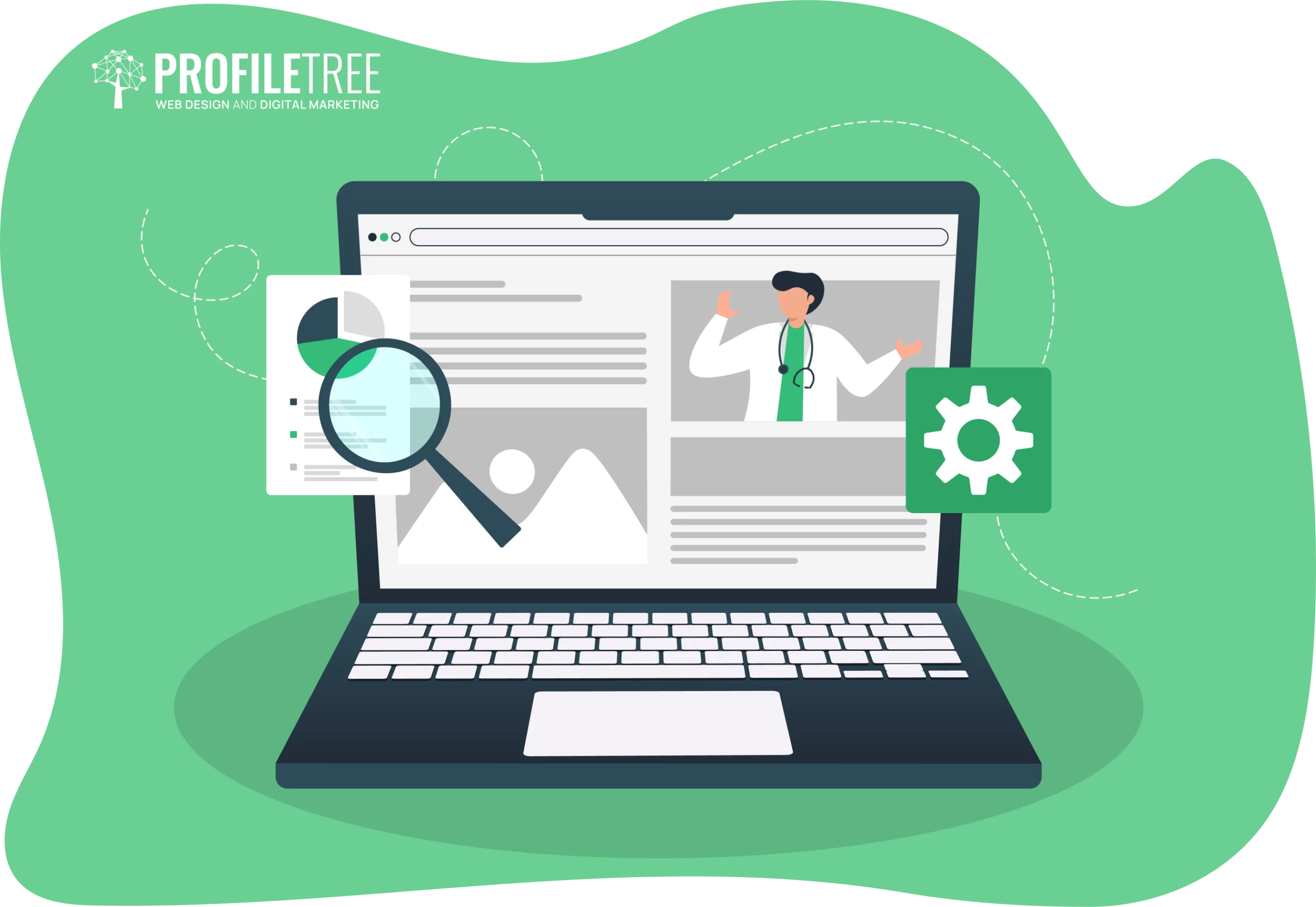 A laptop showcases a webpage featuring a doctor, magnifying glass, and gear icons on a vibrant green background, symbolizing the seamless integration of digital marketing for healthcare.
