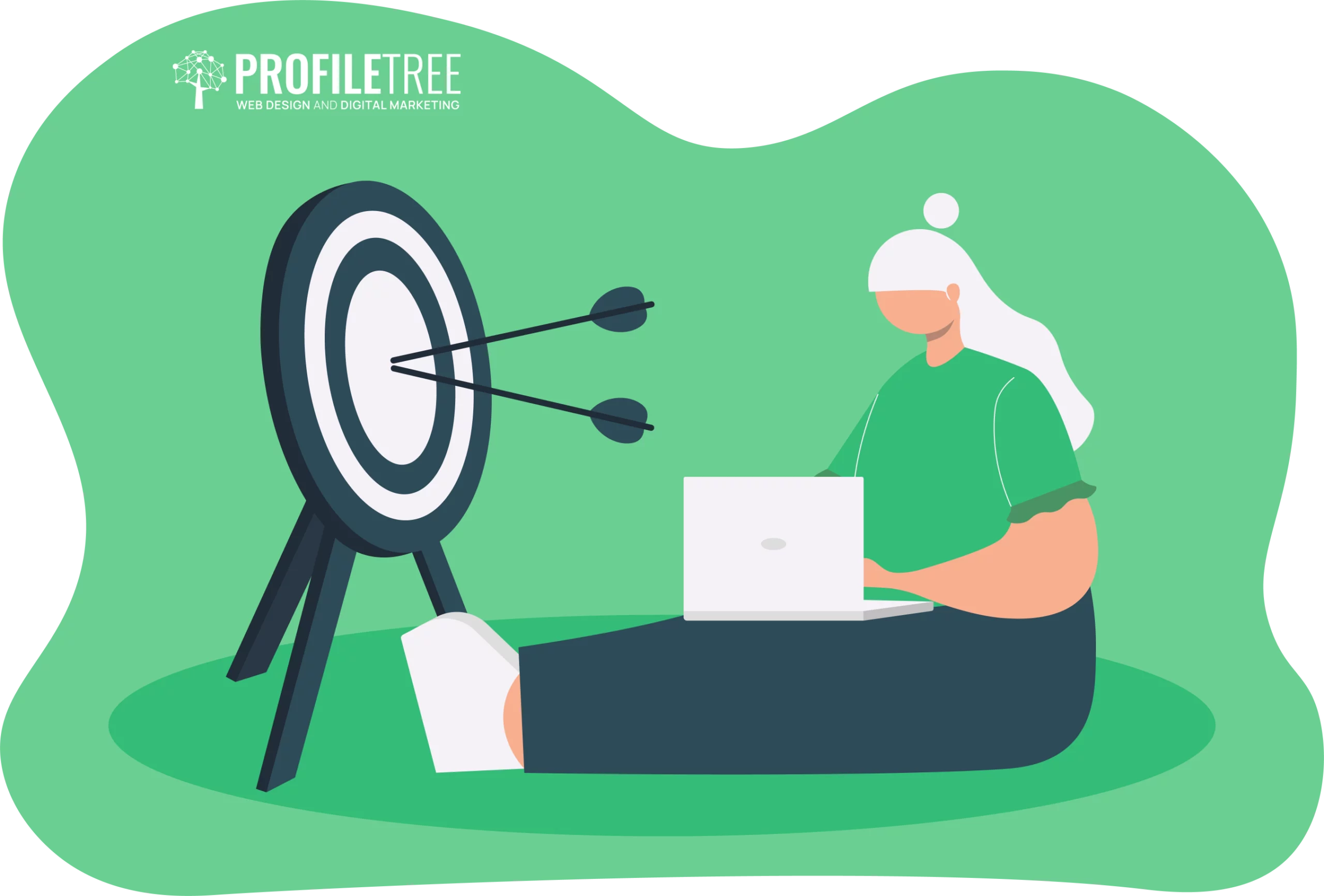 Illustration of a person sitting on the ground managing expectations while using a laptop, with three arrows hitting a target nearby. Logo reading "ProfileTree Web Design and Digital Marketing" in the top-left corner.