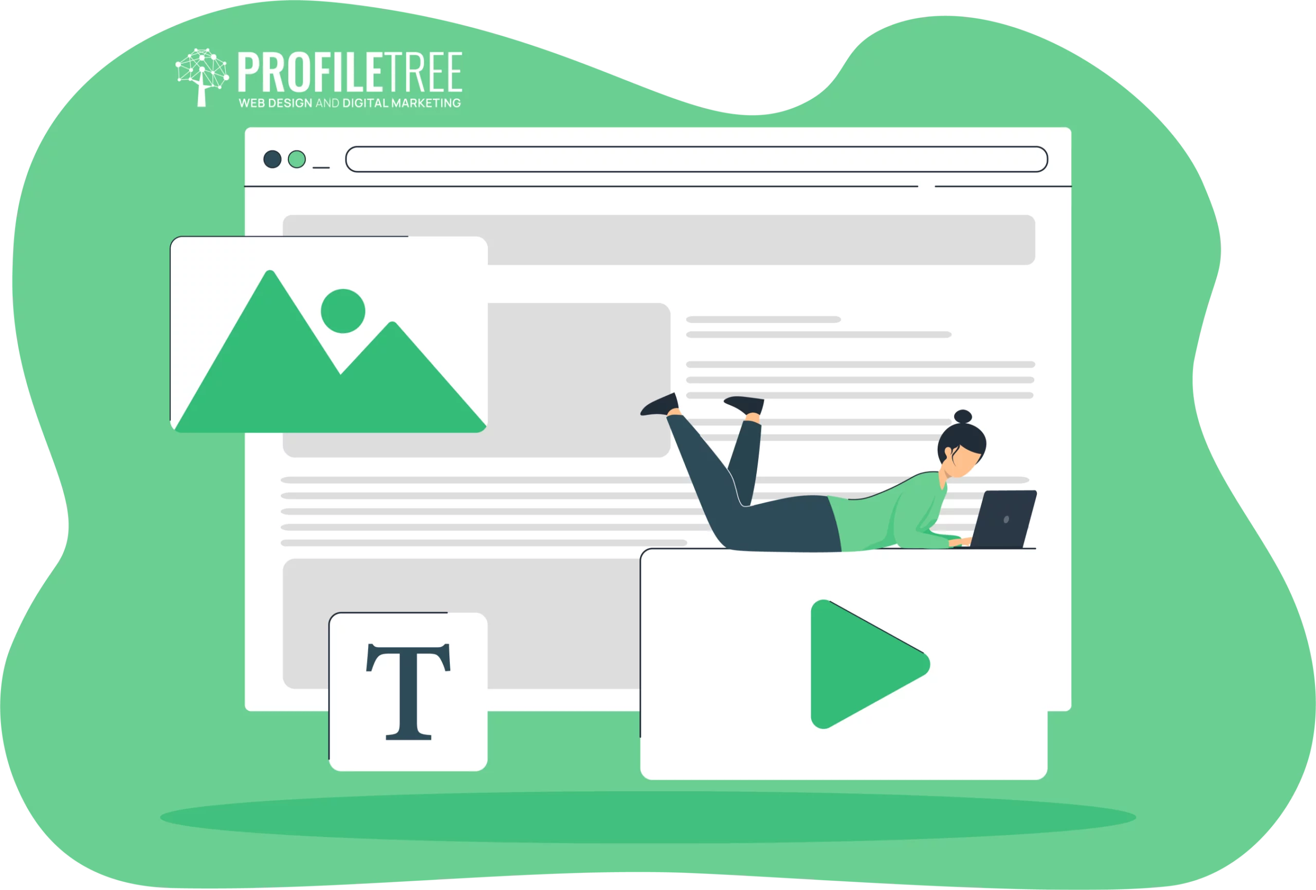 Illustration of a blogger using a laptop, surrounded by icons representing text, images, and video on a webpage background adorned with the ProfileTree logo.
