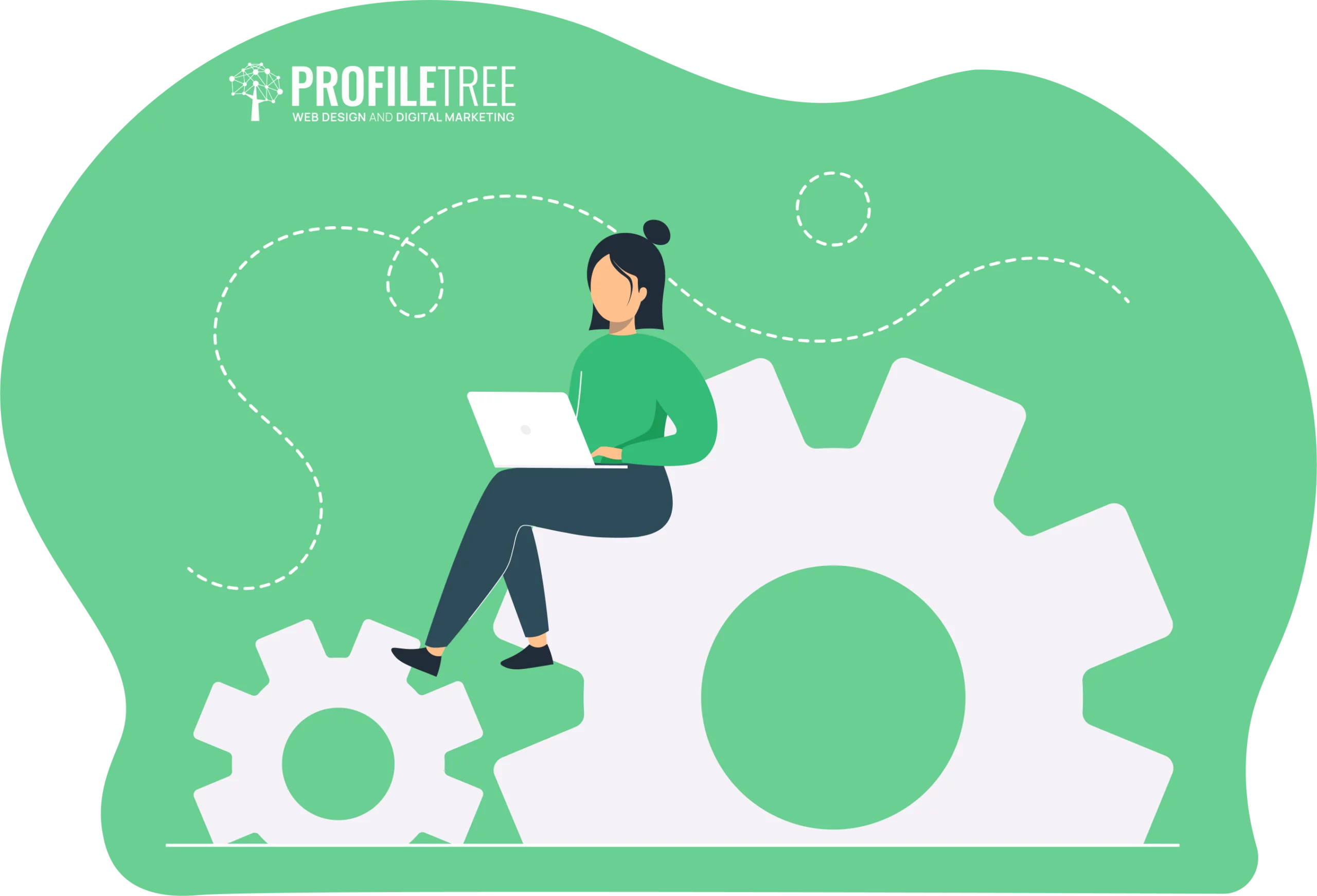 Illustration of a person working on a laptop while sitting on a large gear, symbolizing the grind of a side hustle. The scene is set against a green background with the "ProfileTree" logo in the corner.