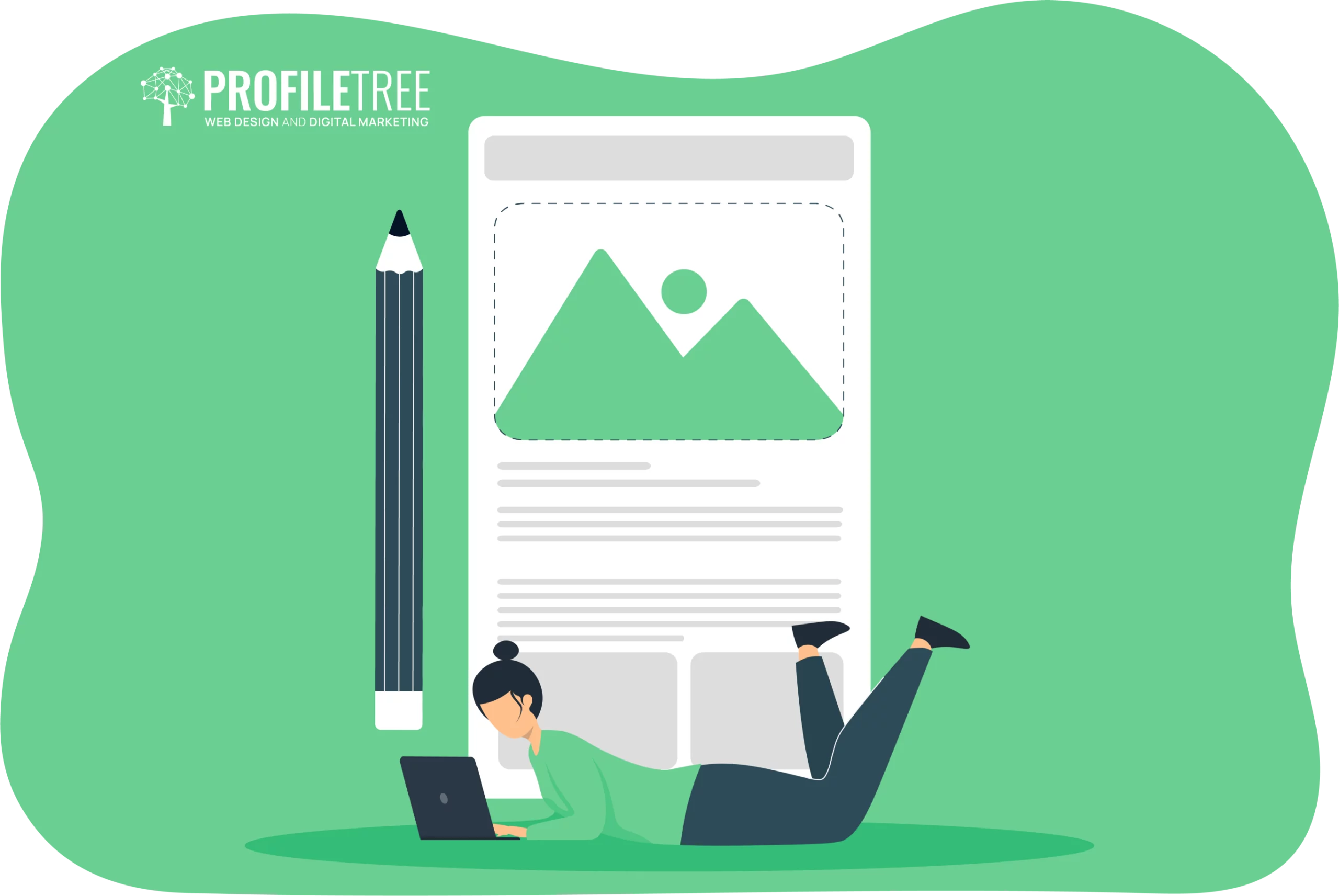 Illustration of a person lying on their stomach using a laptop, with a large pencil and document featuring an image and text in the background. The scene inspires you to turn your passion into a new career path, bridging creativity and professional growth seamlessly.