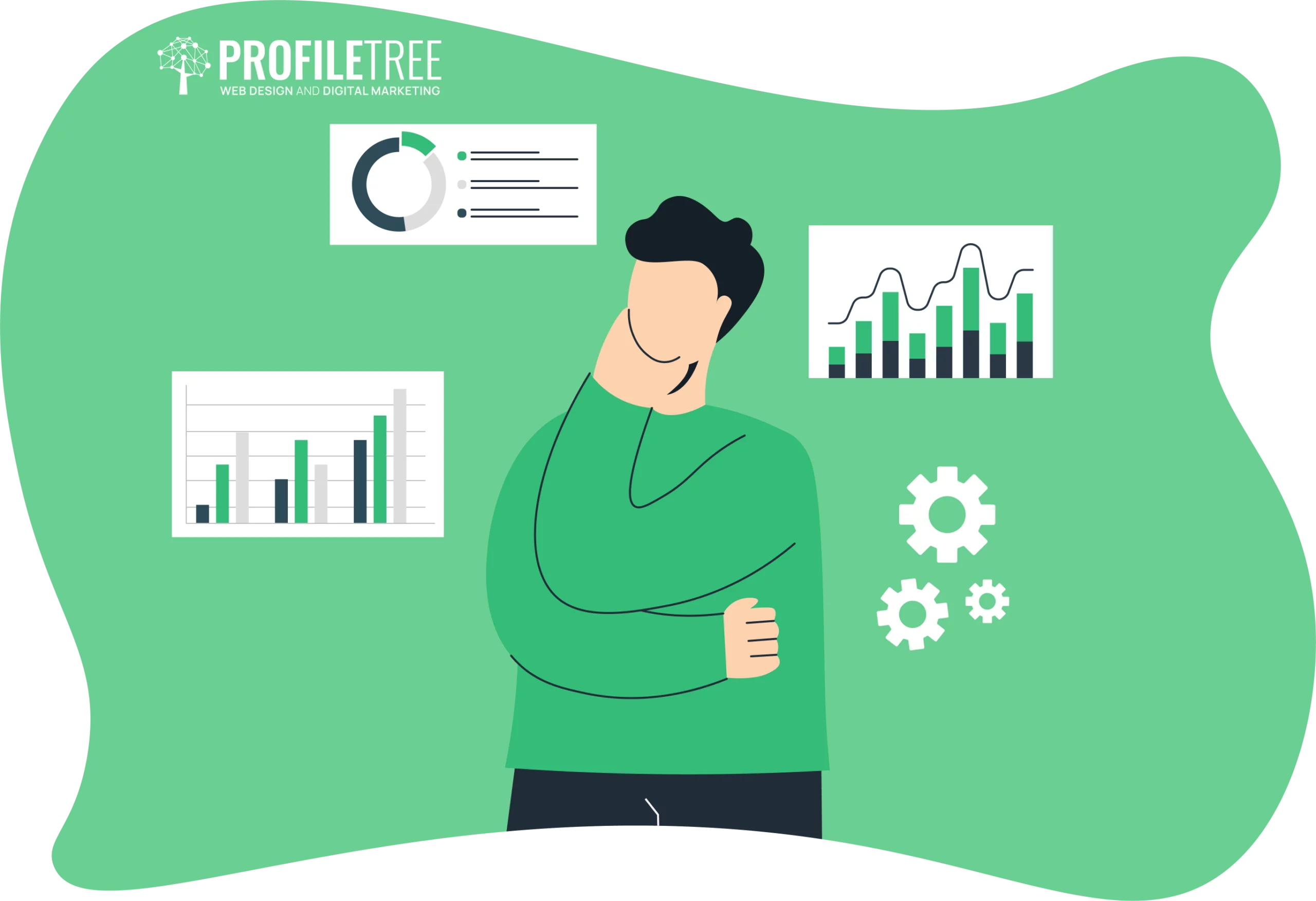 A person in a green shirt stands pondering, surrounded by infographics and gears that symbolize decision-making, set against a green abstract background.