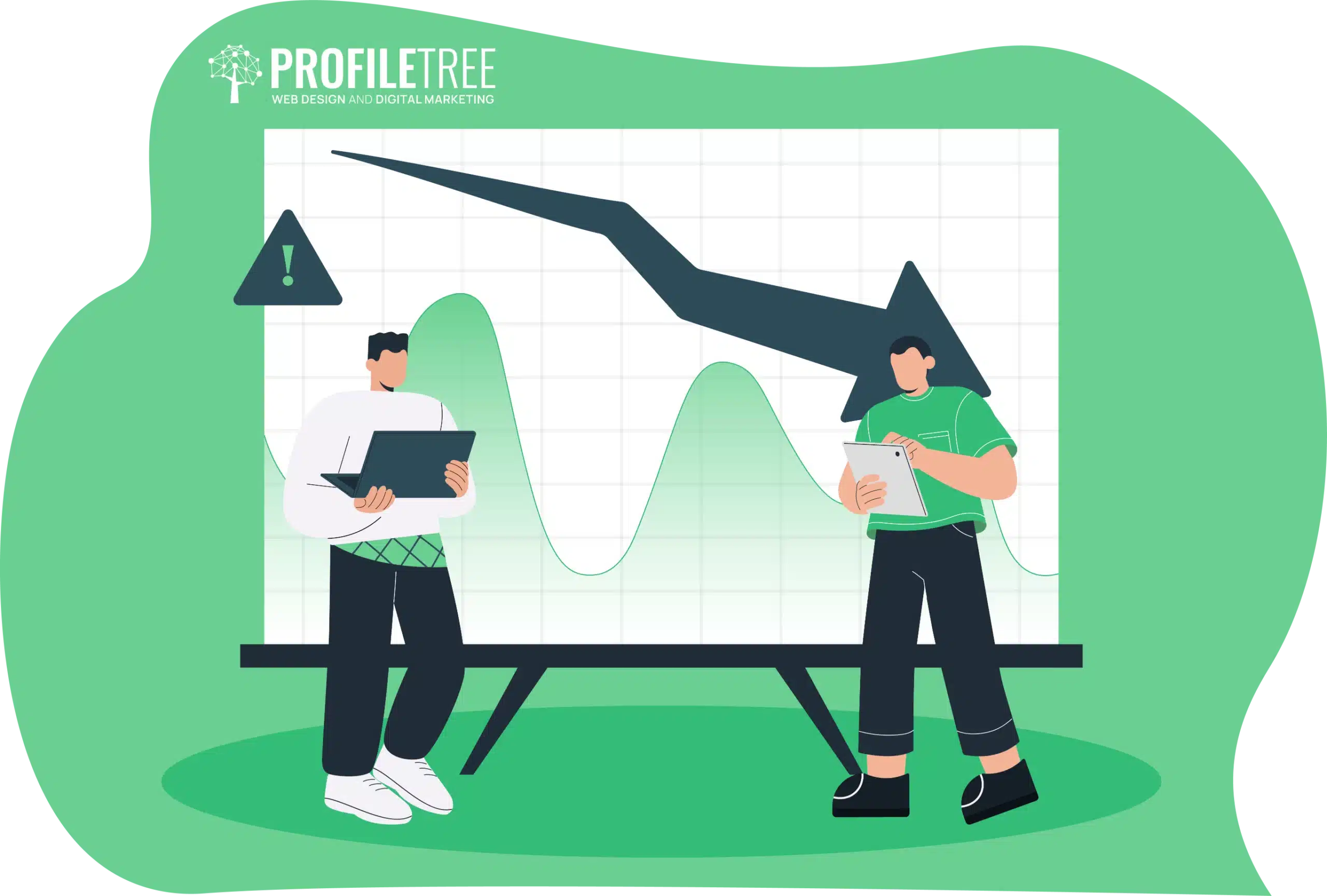 Two people stand in front of a graph with a downward trend, embodying crisis management. One holds a laptop, the other a clipboard. An exclamation mark symbol signals alertness. Logo: ProfileTree.