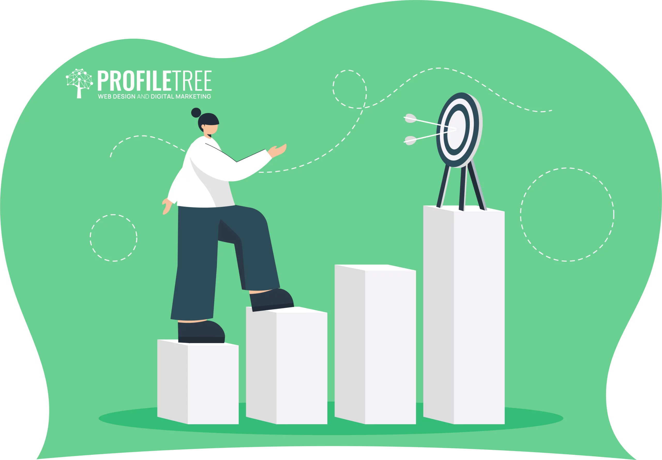 A person making a mid-career pivot climbs bar graph steps, reaching for a target with arrows on a vibrant green background. The logo, "ProfileTree Web Design and Digital Marketing," highlights the journey of transformation and growth in their professional path.