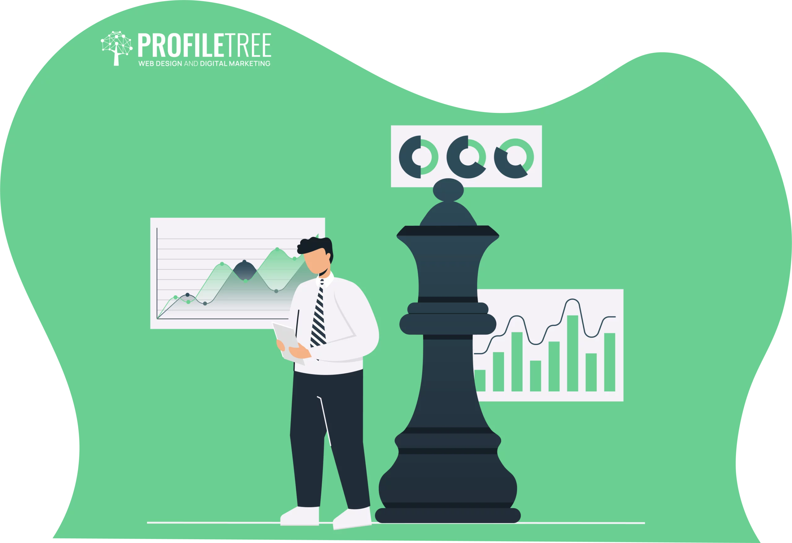 Illustration of a person in business attire holding a tablet, standing next to a large chess piece, with charts and graphs displayed in the background—an ideal depiction of tailoring training programs for different generations.