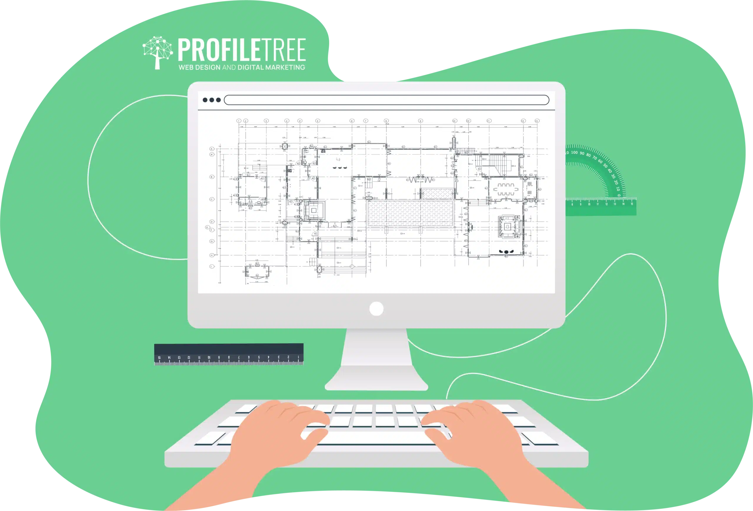 Hands typing on a keyboard connected to a monitor displaying architectural blueprints, with rulers and a protractor in the background, illustrating the evolution of technical drawing from traditional methods to digital precision.