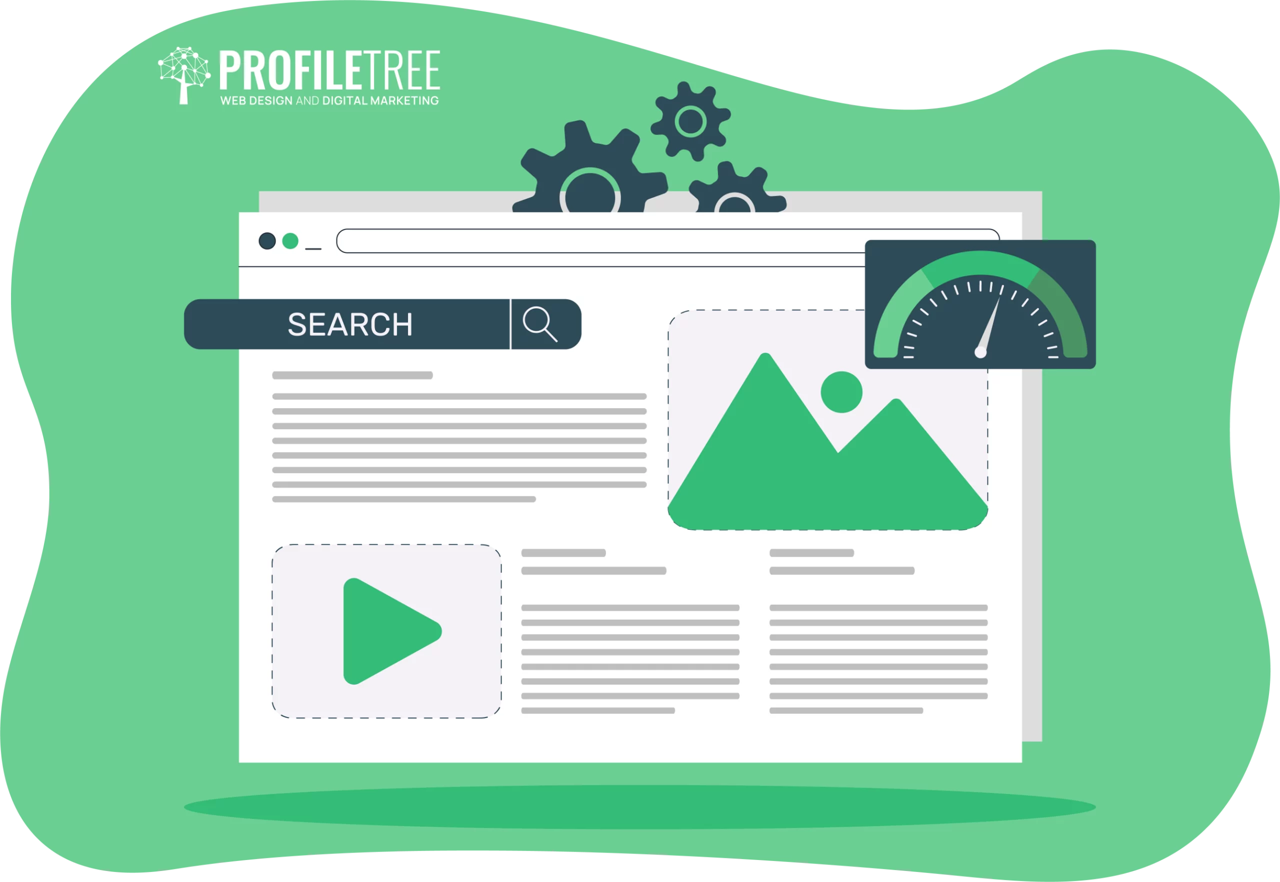 An illustration of a web page featuring a search bar, images, text blocks, a play button, gears, and a speedometer gauge all labeled "ProfileTree Web Design and Digital Marketing," emphasizing enhanced user experience with better form design.