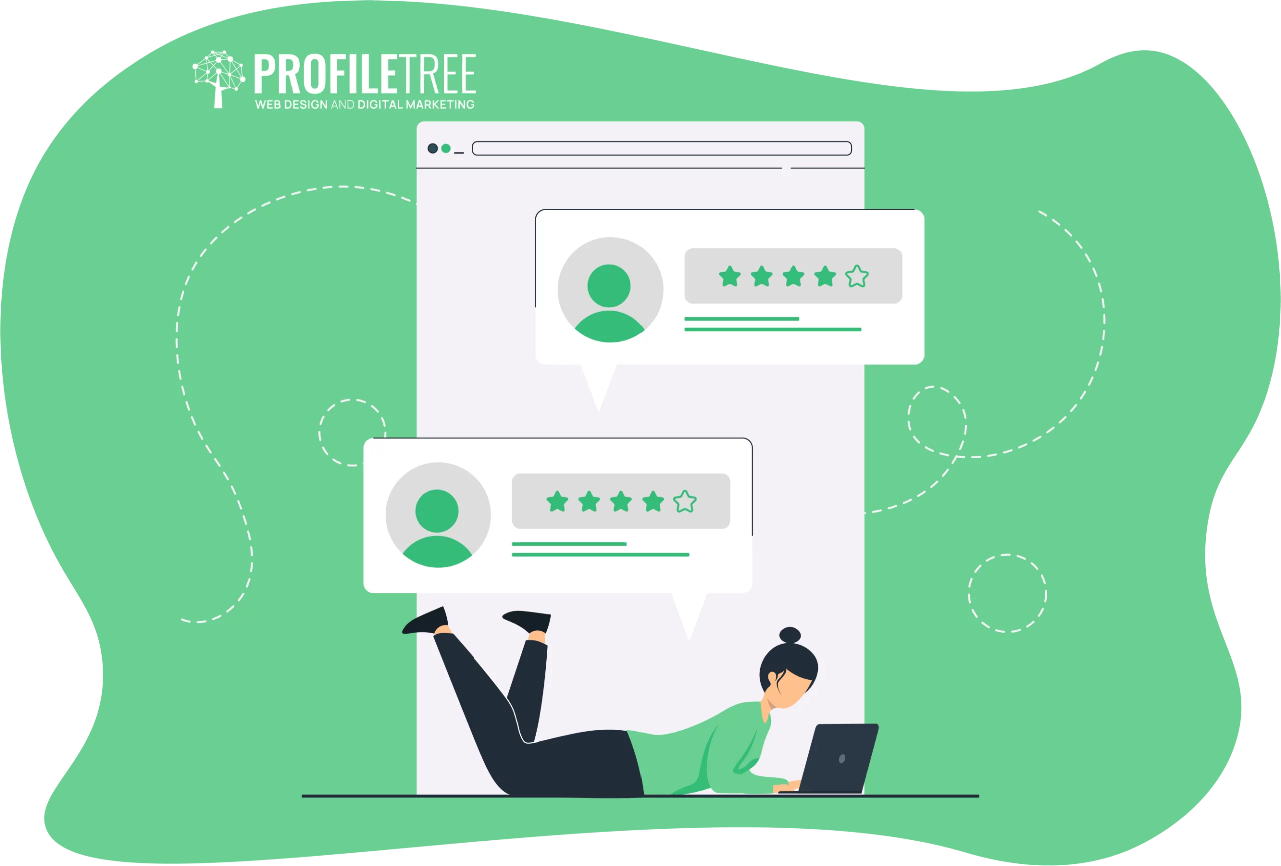 Illustration of a person lying on their stomach using a laptop, with review icons above, indicating feedback or rating. The background features a browser window and a logo with "Profile Tree," emphasizing Digital Branding Ireland for enhancing local business marketing.