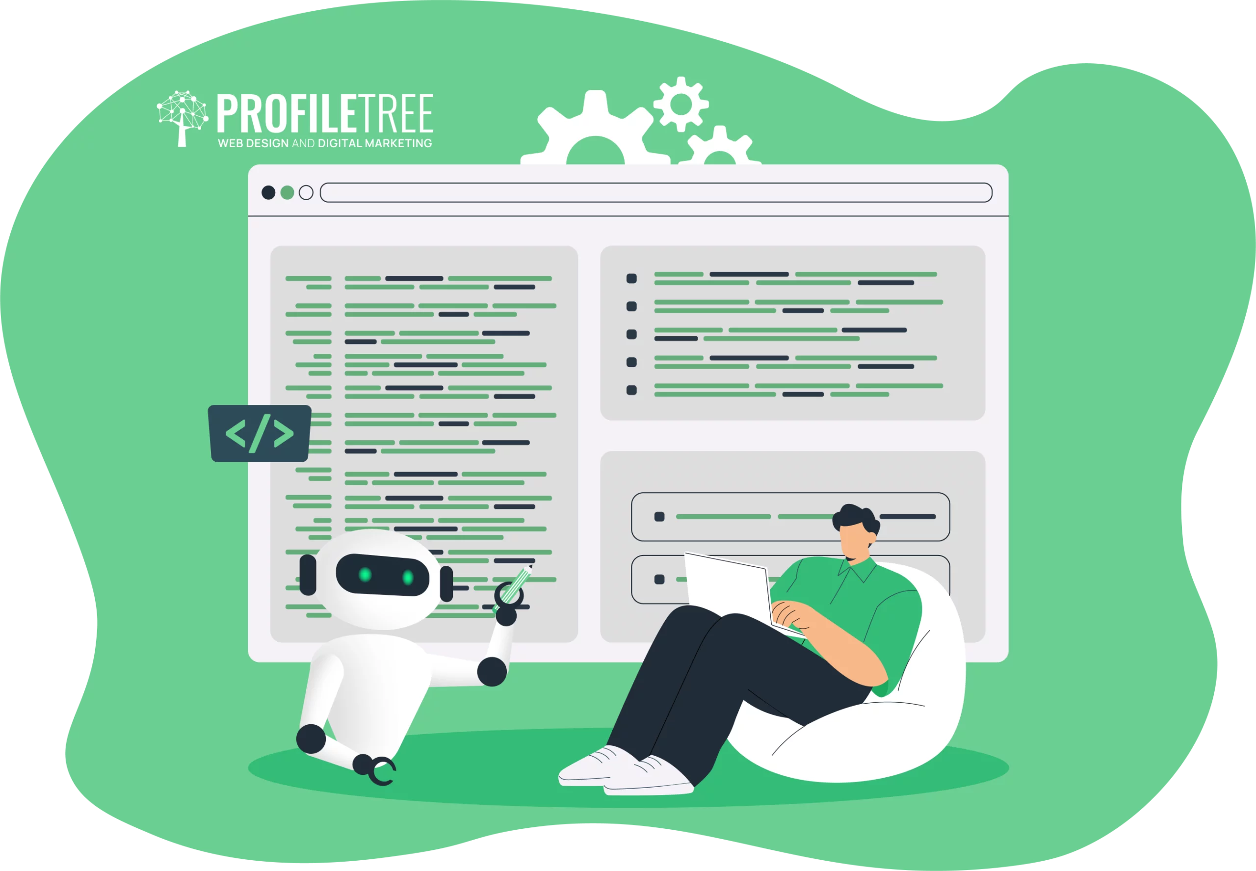 Illustration of a person immersed in vibe coding, sitting on a bean bag with a laptop. Nearby, a robot holds a wrench while a large screen in the background displays streams of code.
