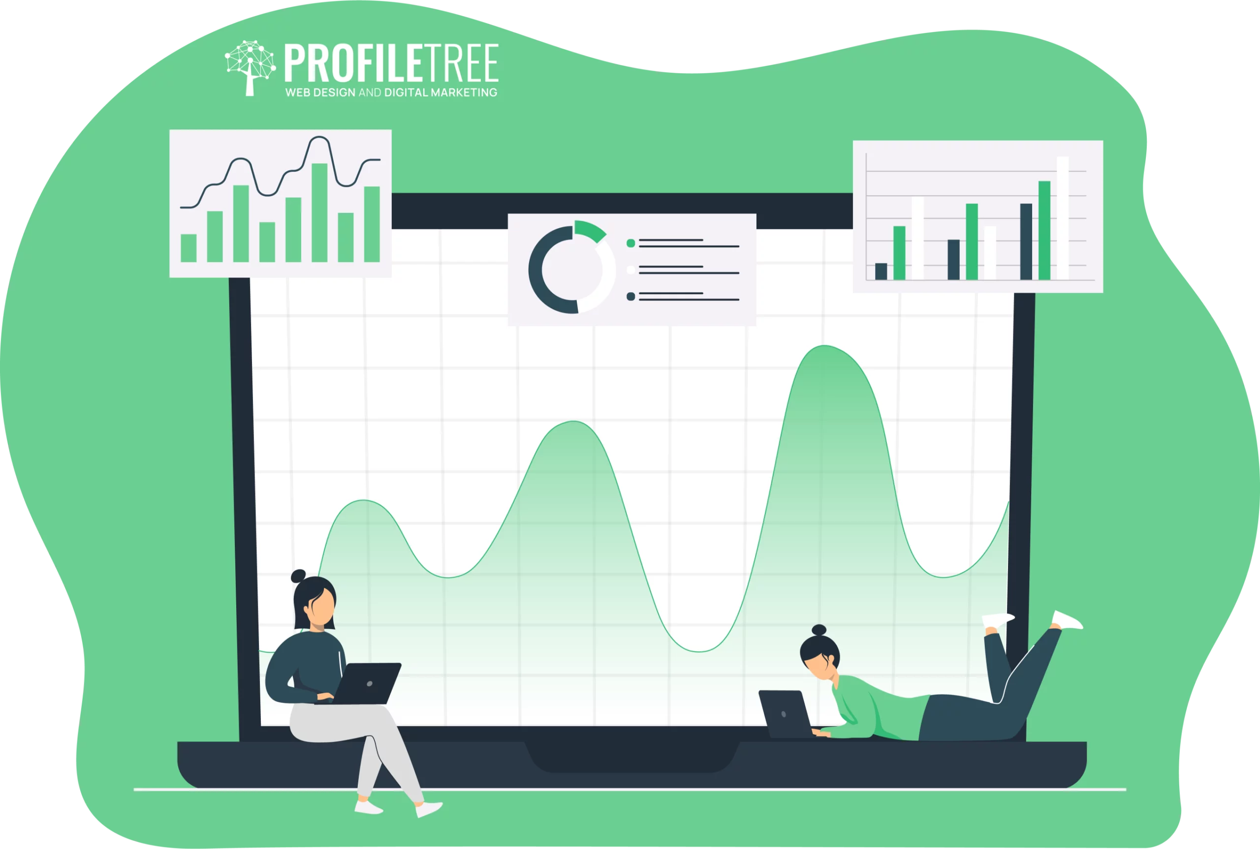 Illustration of two people with laptops in front of a large screen displaying graphs and charts on a green background, highlighting DEI training insights.