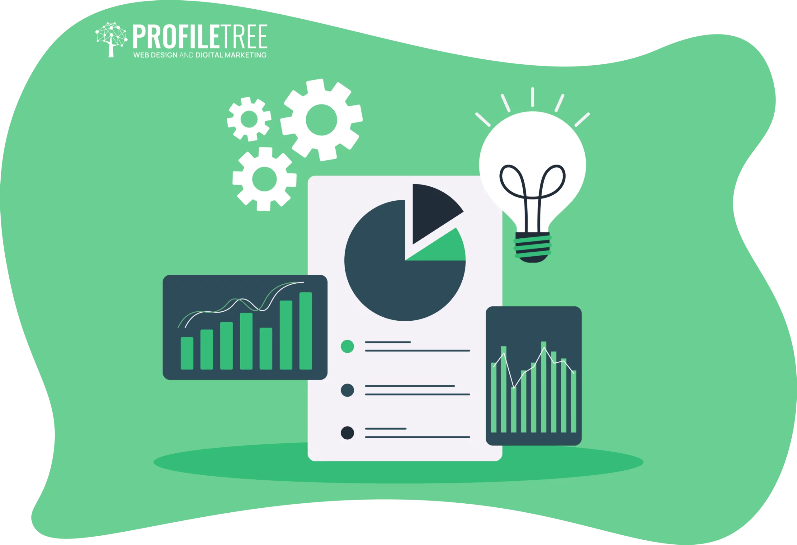 Illustration of charts, gears, a light bulb, and a checklist on a green background, symbolizing data analysis and innovative ideas crucial for decision making in business.