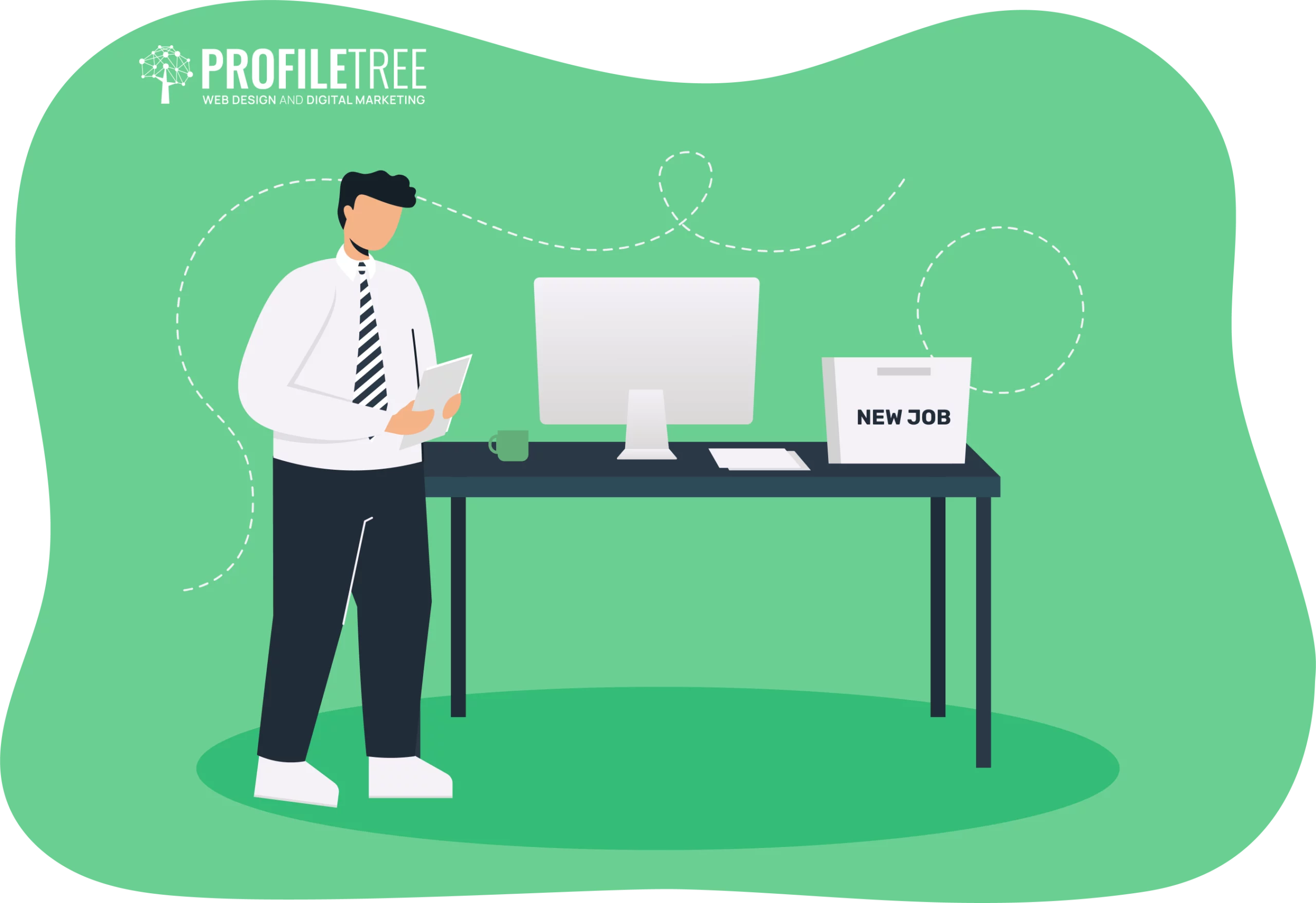 Illustration of a person standing by a desk with a computer and a box labeled "New Job" on a green background. The person, immersed in papers, symbolizes the thrill of gaining experience in a new field. Logo reads "Profile Tree Web Design & Digital Marketing.
