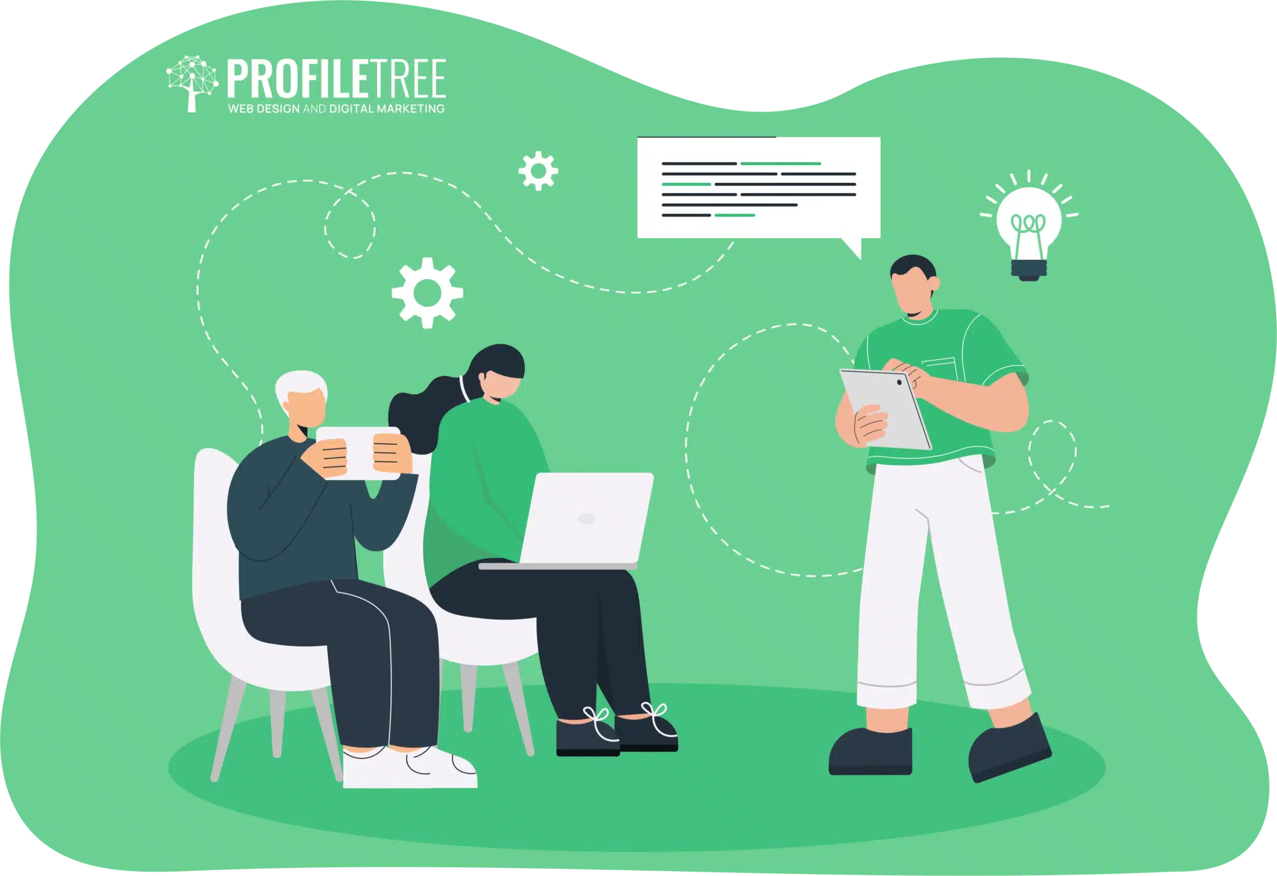 Three people in a graphic: two seated with a laptop and coffee, one standing with a clipboard, embodying storytelling in training. The backdrop features gears, a chat bubble, and a lightbulb against a green background.