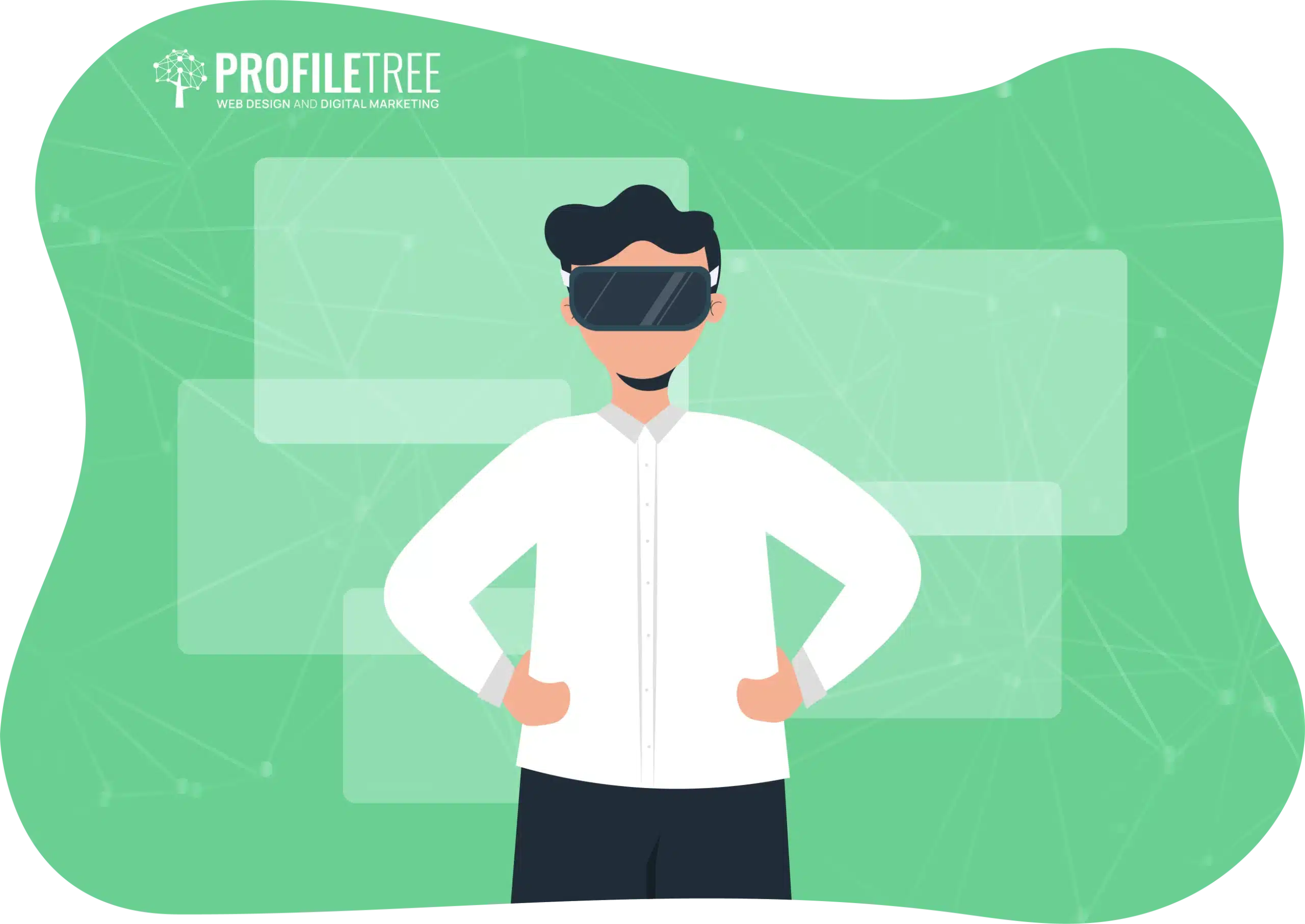 A person dons a virtual reality headset against a green background, flanked by digital elements, as if immersed in cutting-edge training experiences. Hands confidently placed on hips, they seem ready to conquer new dimensions of learning.