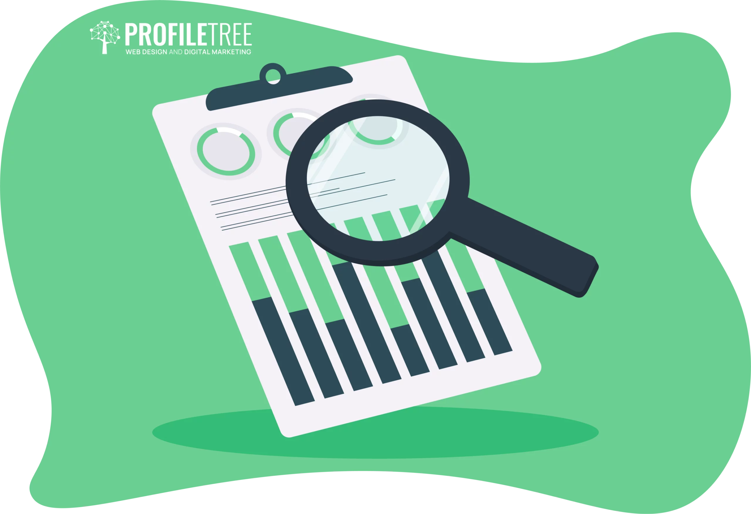 Illustration of a magnifying glass over a clipboard displaying bar and pie charts, emphasizing the role of statistics in business decision-making, with the text "Profile Tree Web Design and Digital Marketing" in the corner.