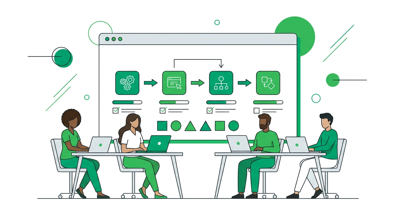 1. A group of people seated around a table, discussing change management, with green icons representing ideas and strategies.