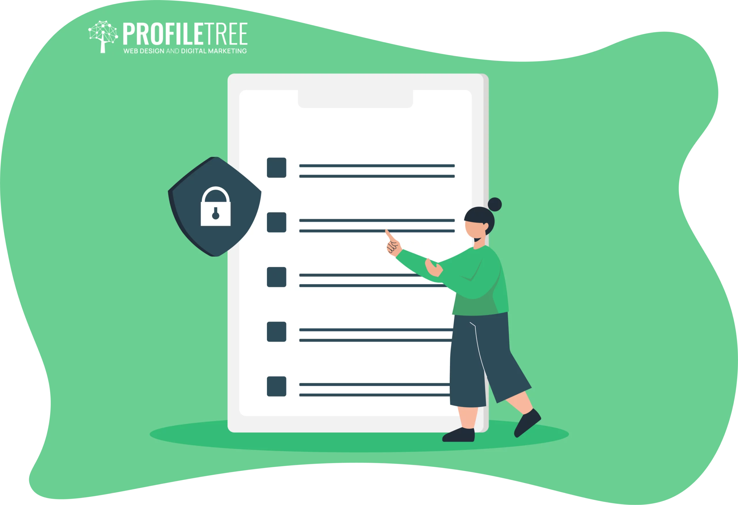 Illustration of a person pointing at a large checklist on a phone screen, with a padlock icon signaling security or privacy. The background, reminiscent of decision-making frameworks, is green with a "ProfileTree" logo at the top.