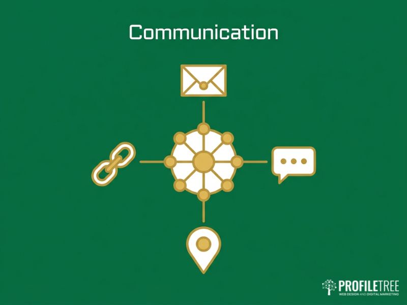 Vector hub-and-spoke graphic showing communication and external references during a successful website migration.