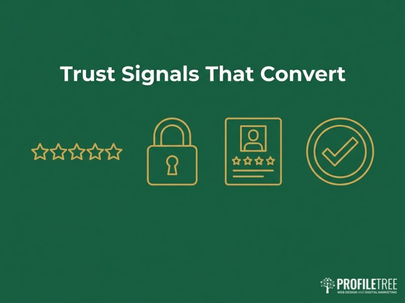 Vector graphic of trust signals such as star ratings and security badges supporting UI/UX principles, on a dark green background.