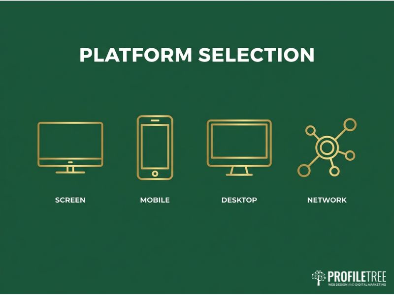Platform selection graphic for a Video Content Strategy, with gold device icons on a dark green background